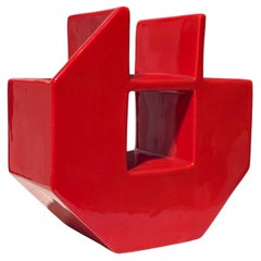 Geometric Vase in Red Ceramic Petucco and Tolio Italian Design 1970s