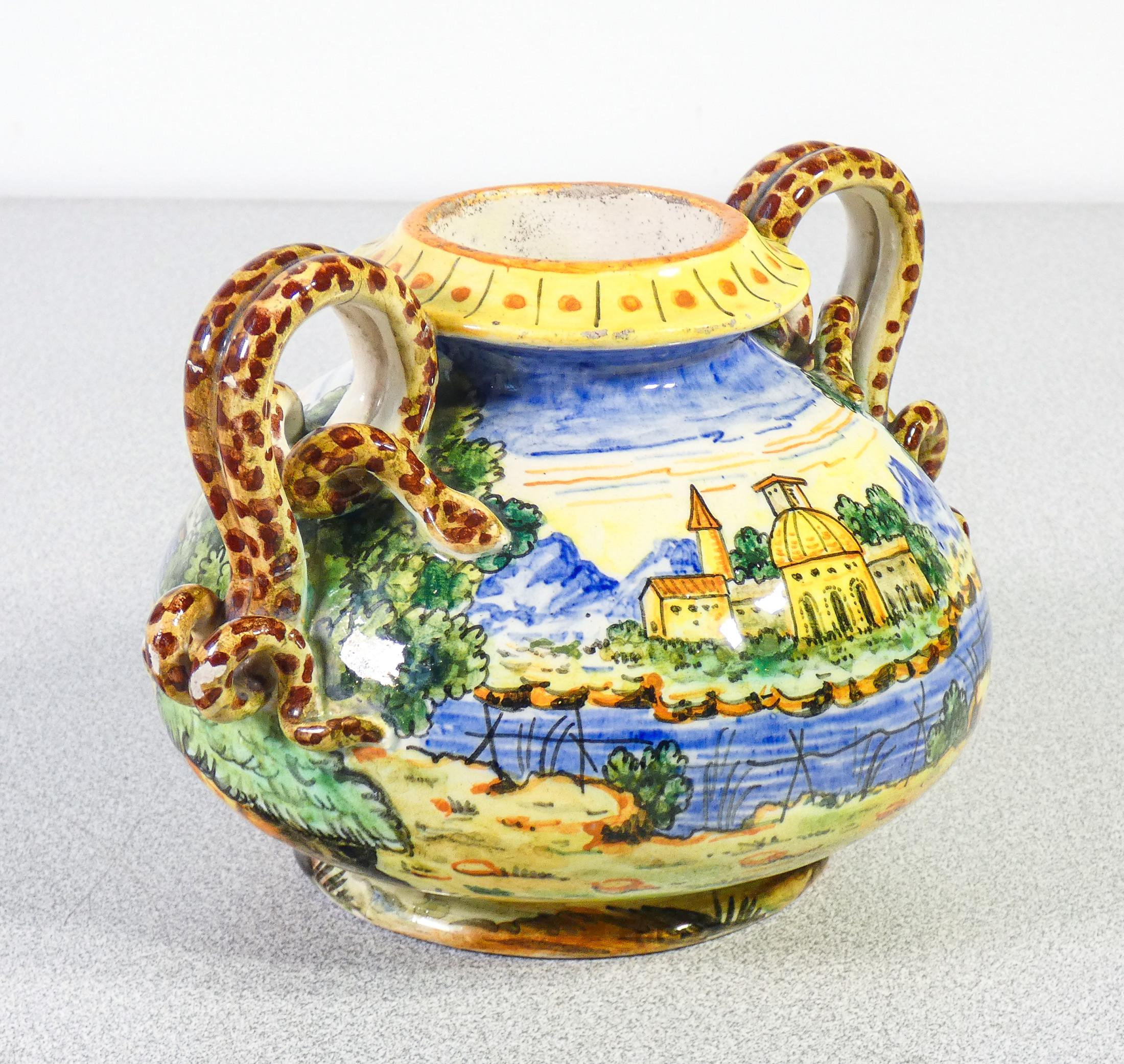19th Century Vaso in ceramica di ALBISOLA dipinto a mano, con anse a serpente. Albisola, 1800