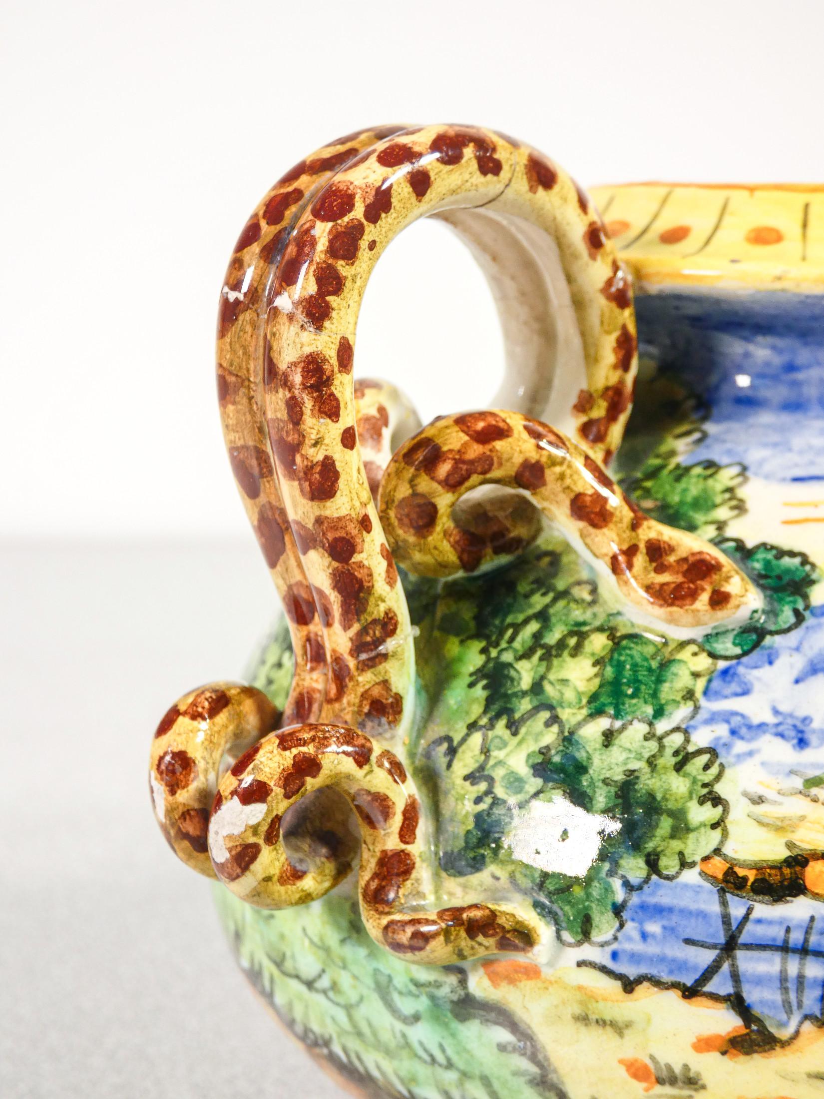 Ceramic Vaso in ceramica di ALBISOLA dipinto a mano, con anse a serpente. Albisola, 1800 For Sale