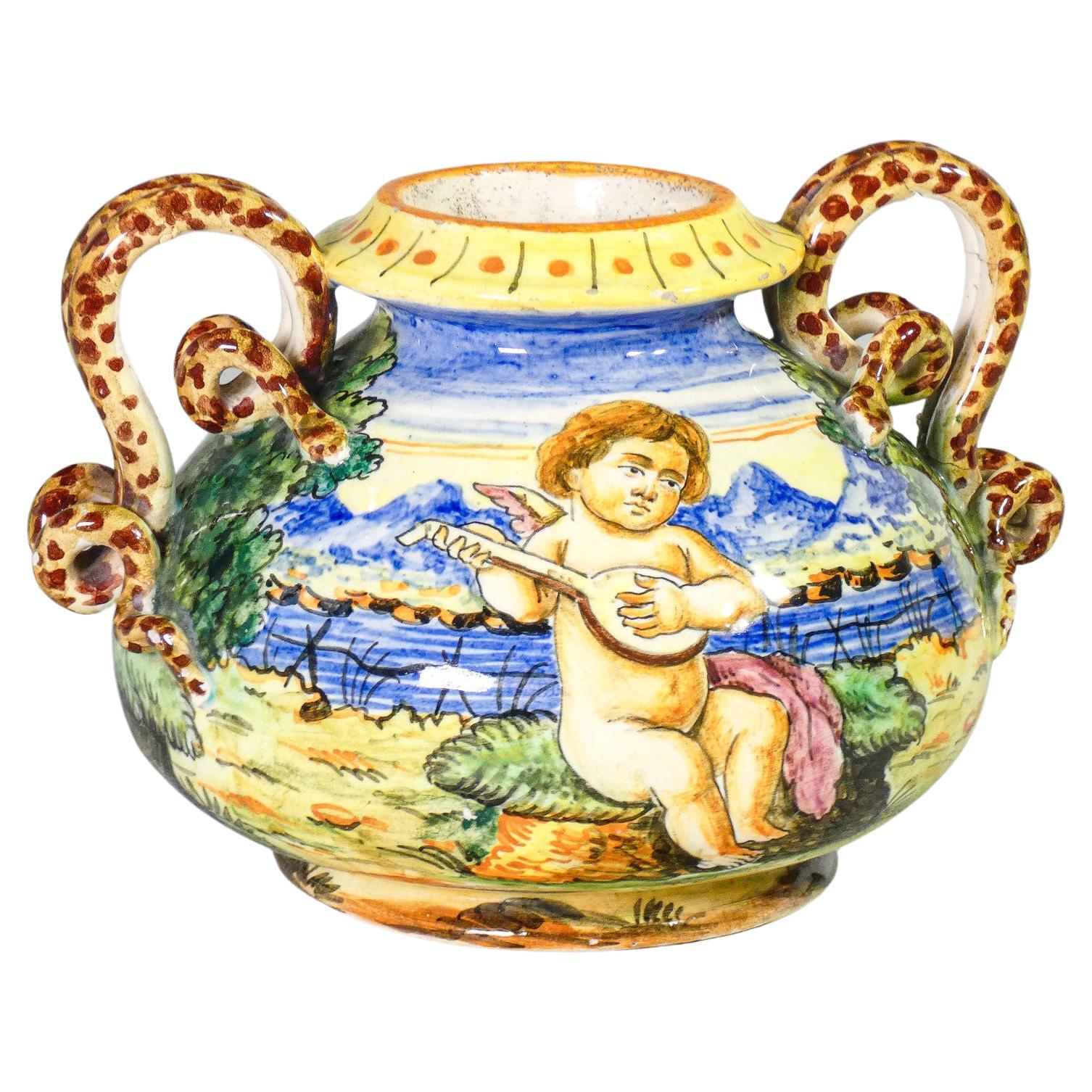 Vaso in ceramica di ALBISOLA dipinto a mano, con anse a serpente. Albisola, 1800 For Sale