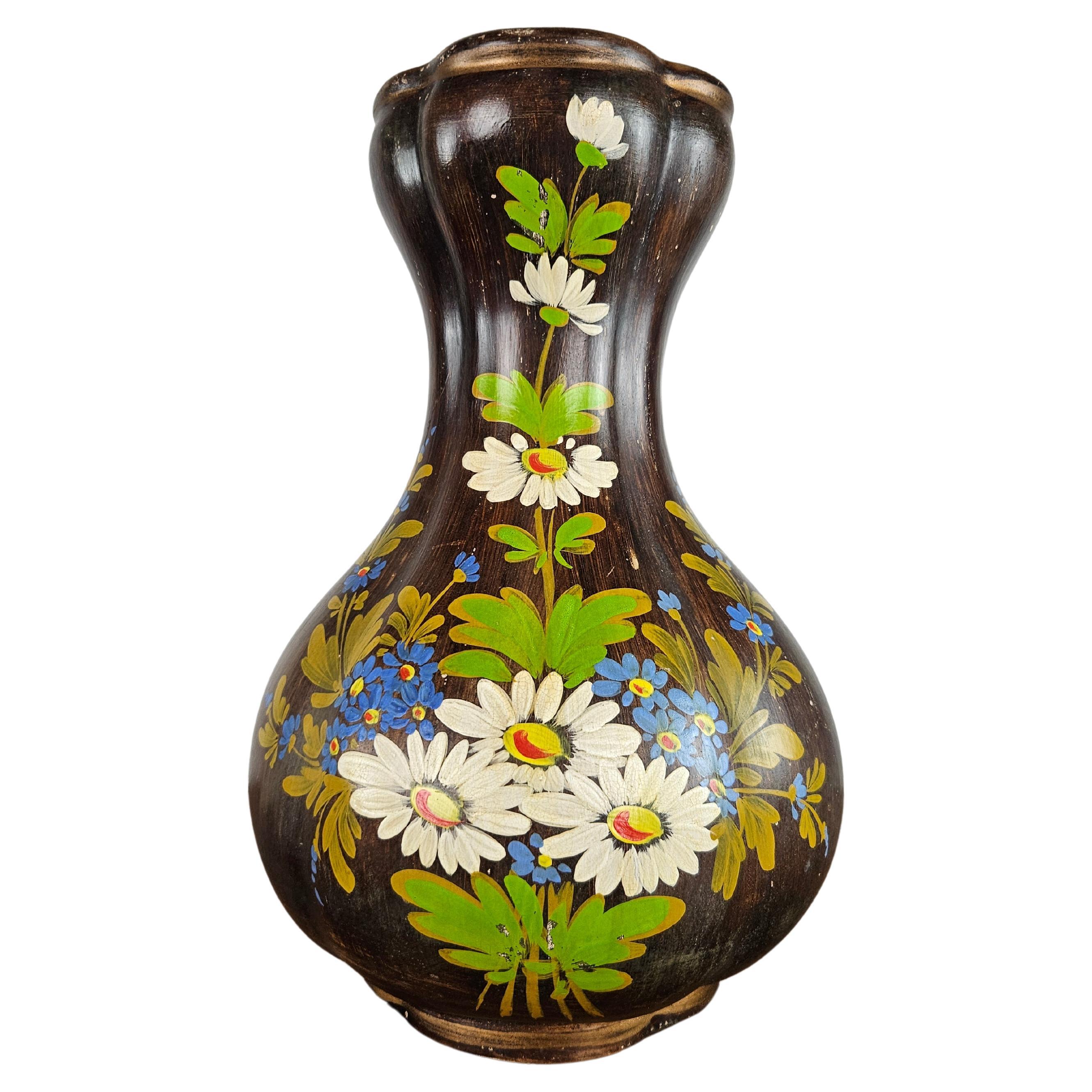 Brown ceramic vase with 1990s floral decoration