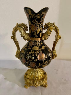 Ceramic and black resin vase decorated in gold vintage table top italian 90s