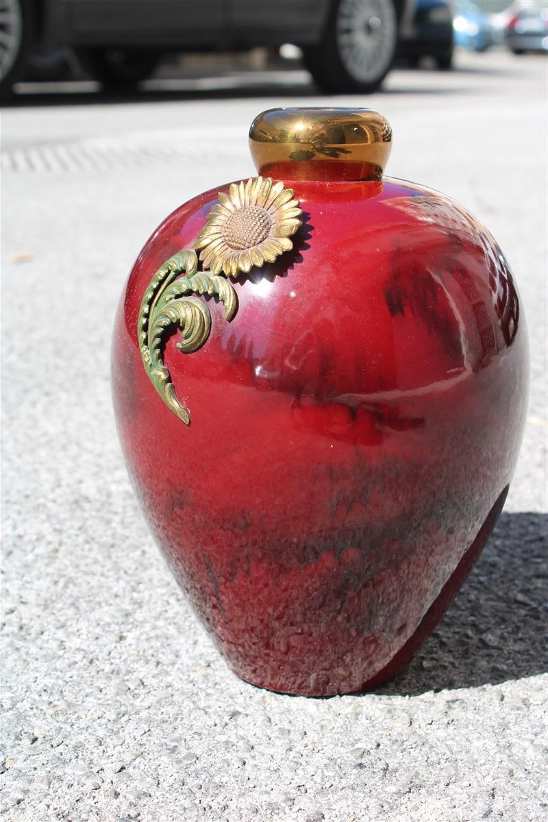 Art Deco Red Ceramic Vase with Gold and Brass inserts 1930 Art Decò Italy For Sale