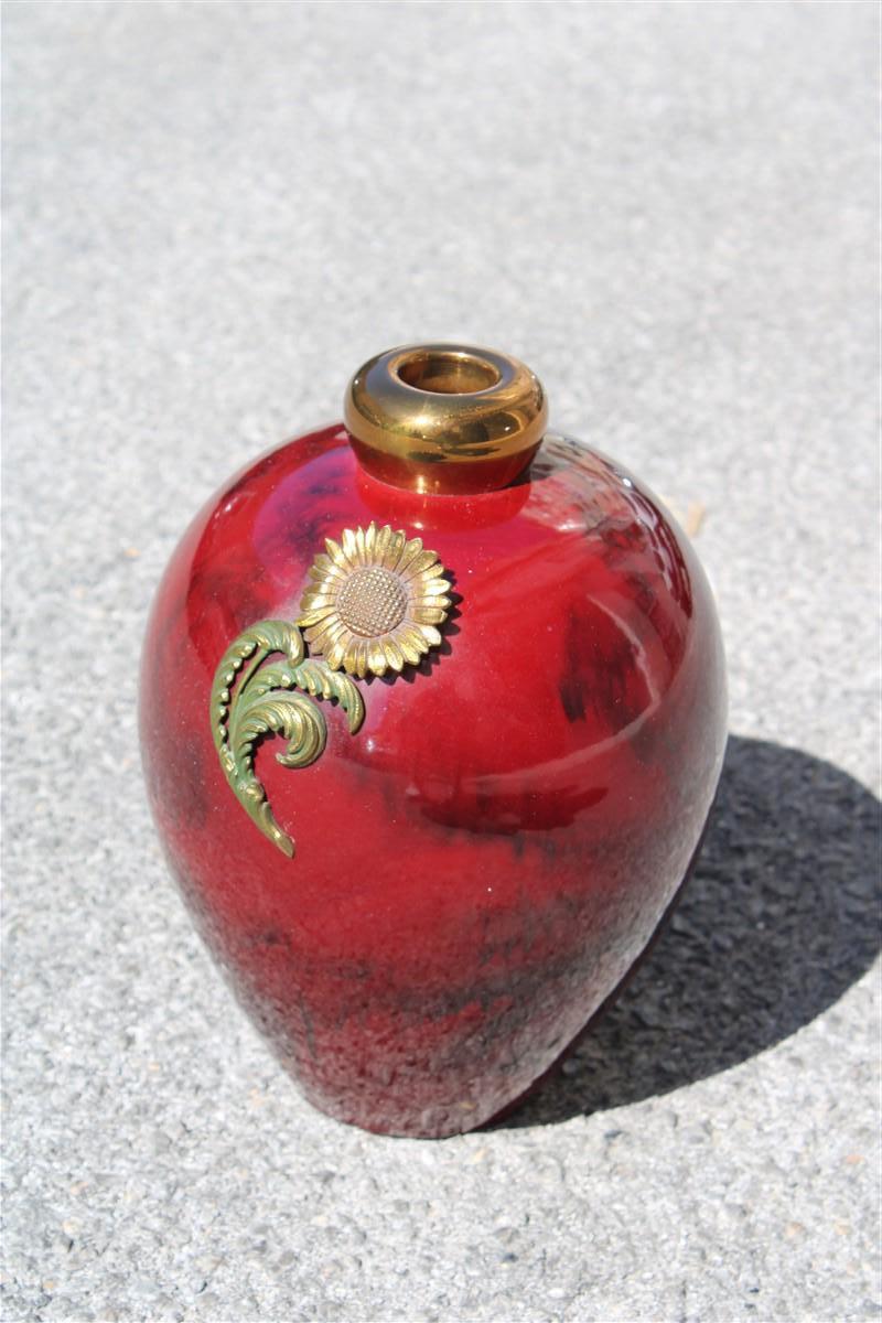 Red Ceramic Vase with Gold and Brass inserts 1930 Art Decò Italy For Sale 2
