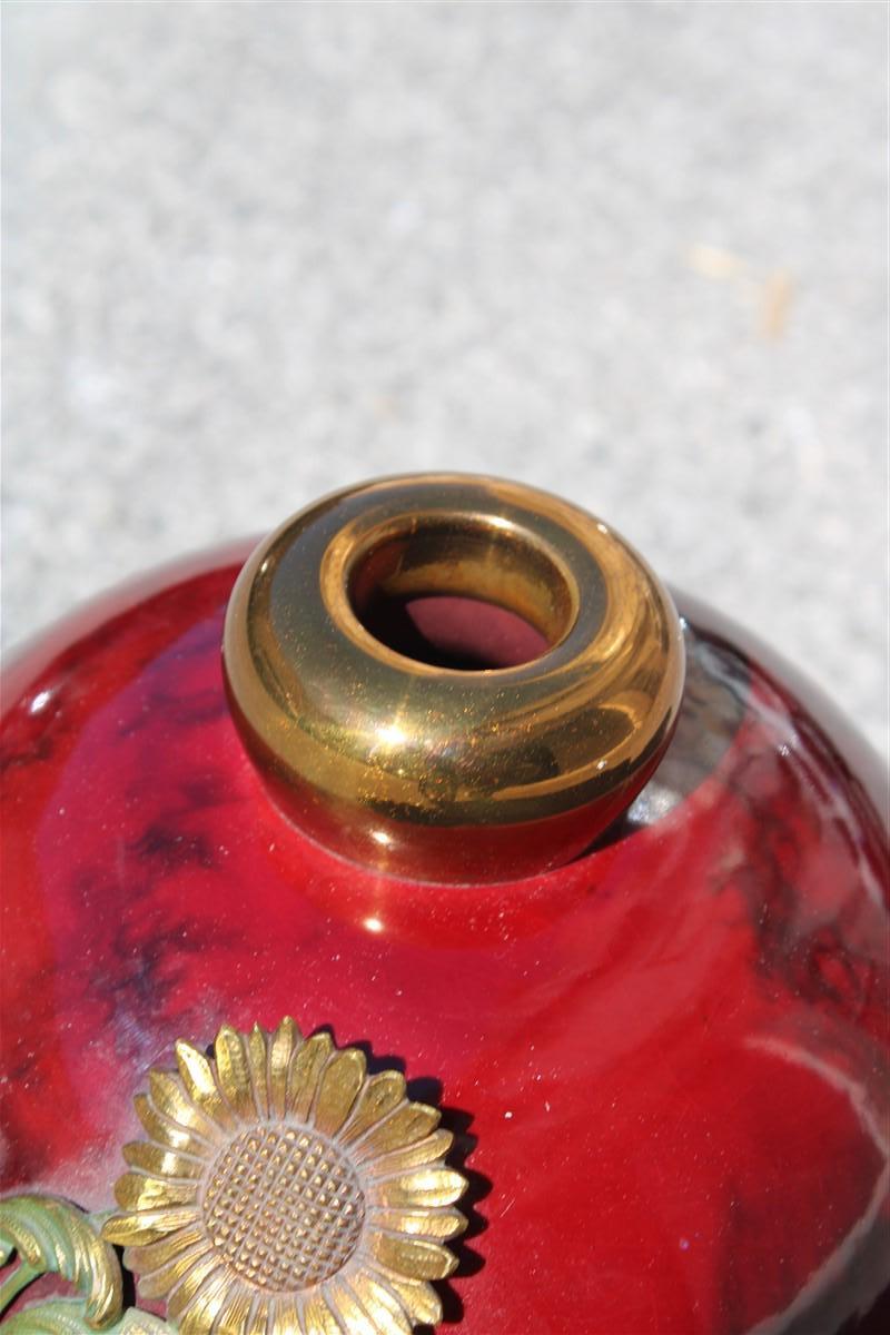 Red Ceramic Vase with Gold and Brass inserts 1930 Art Decò Italy For Sale 3