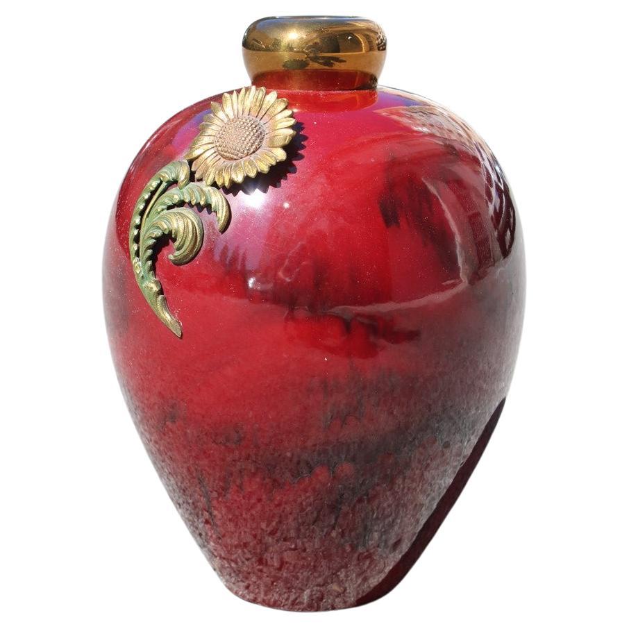 Red Ceramic Vase with Gold and Brass inserts 1930 Art Decò Italy
