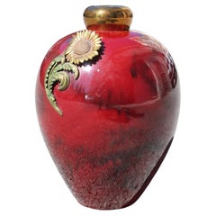 Vintage Red Ceramic Vase with Gold and Brass inserts 1930 Art Decò Italy