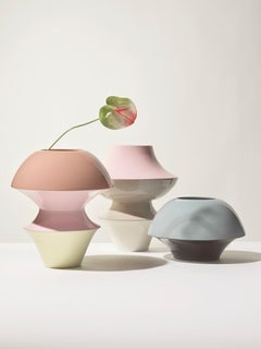 "Trottola", wheeled ceramic vase, pink, ivory, dove-grey glaze, Gatti 1928 Faenza