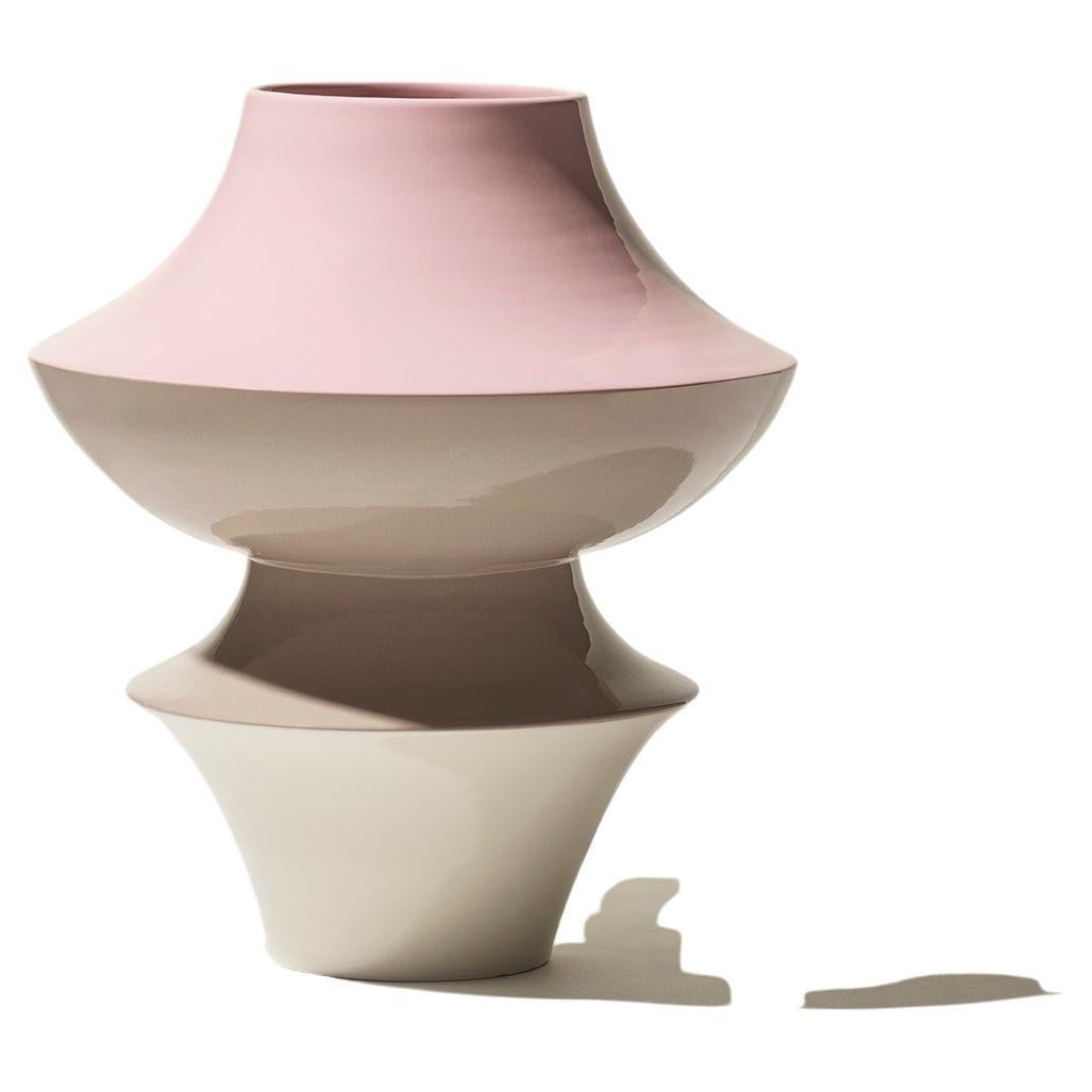 "Trottola", wheeled ceramic vase, pink, ivory, dove-grey glaze, Gatti 1928 Faenza For Sale