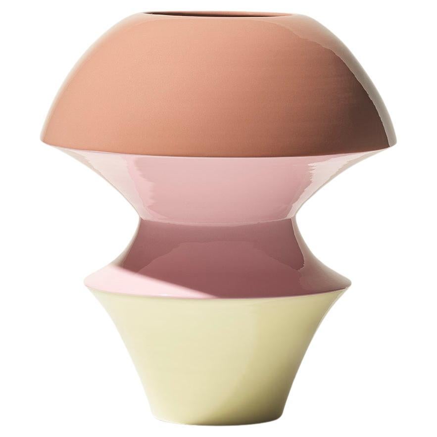 "Trottola", wheeled ceramic vase, sienna, pink, yellow glaze, Gatti 1928 Faenza