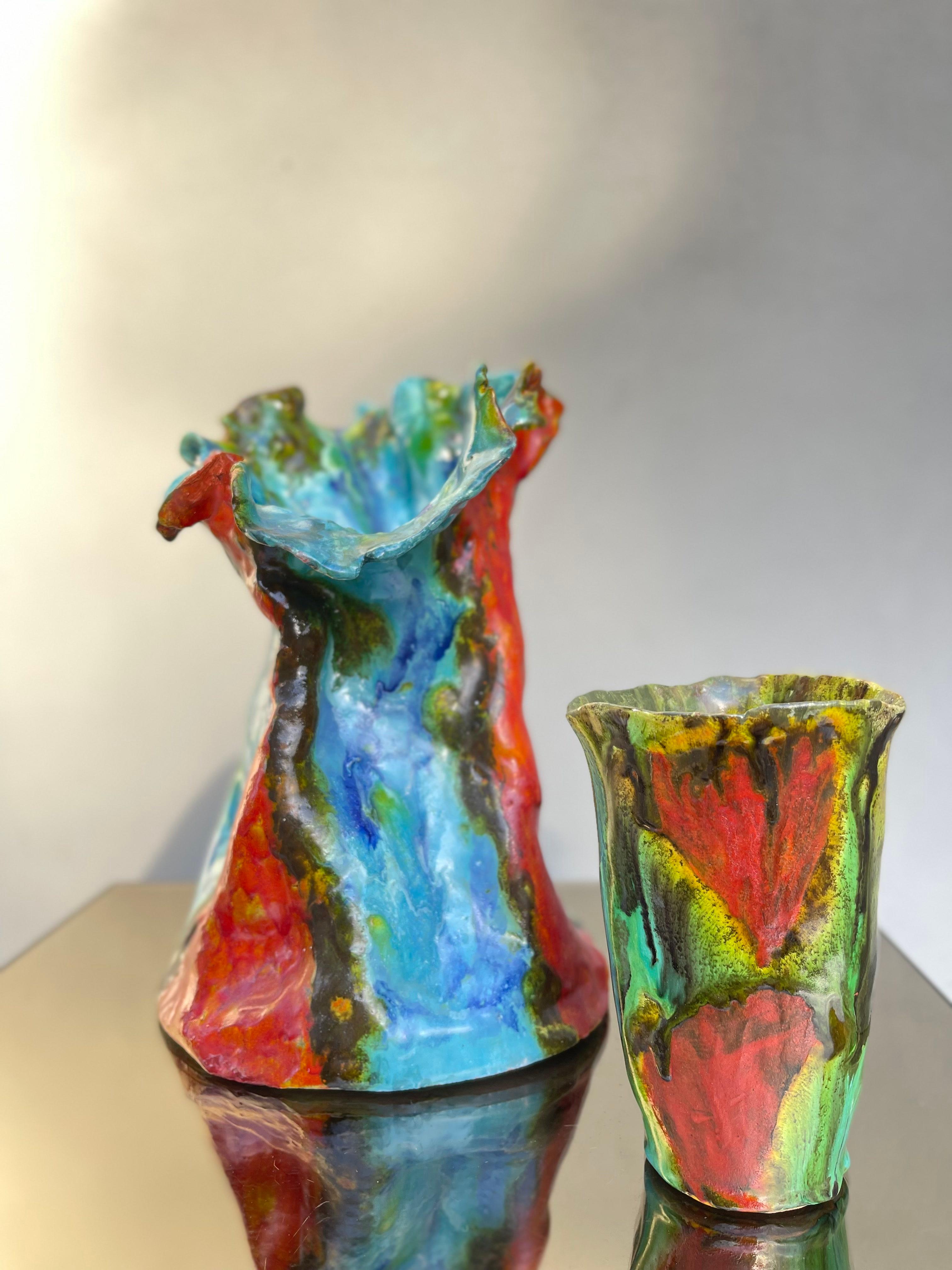 Italian vaso in ceramica vintage con bicchiere - ceramica policroma- isler - vintage  For Sale