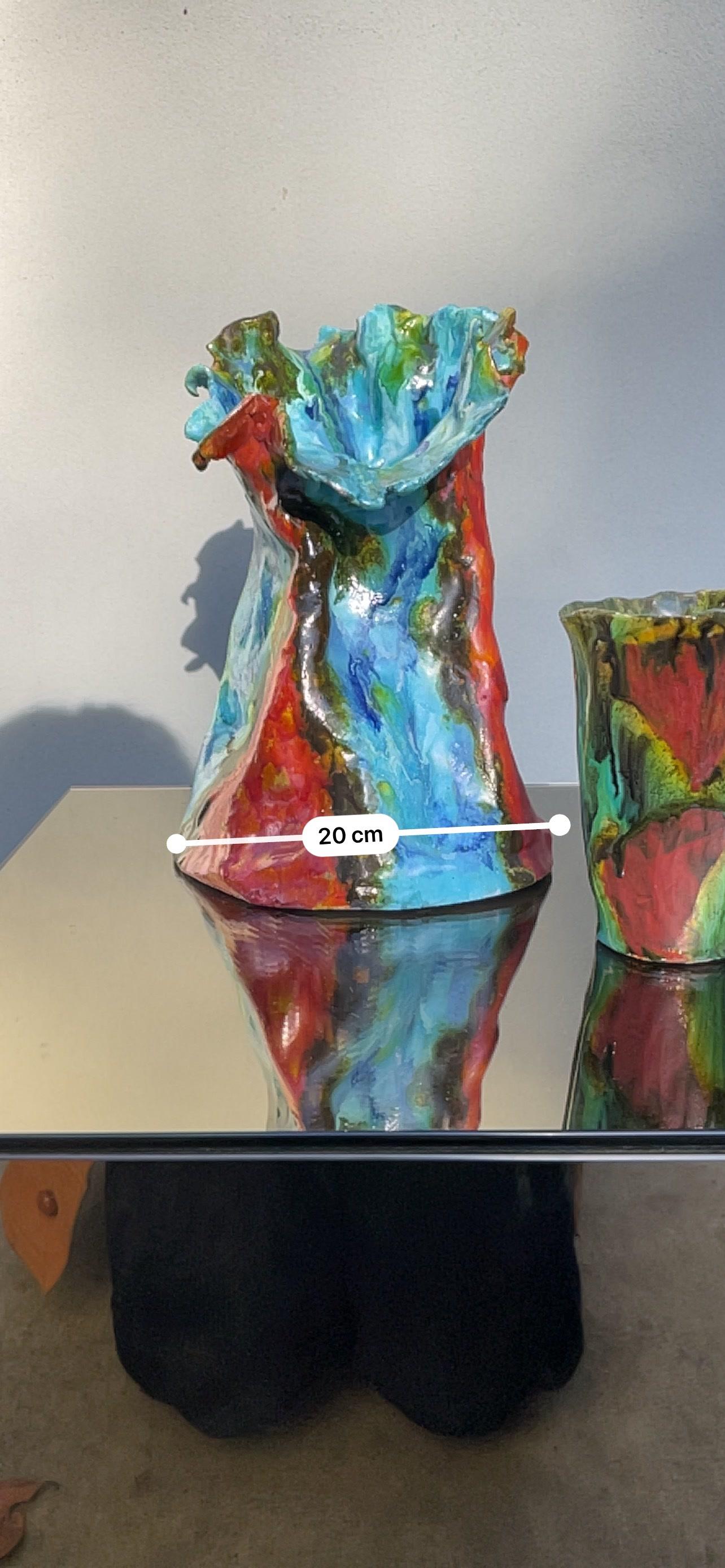 vaso in ceramica vintage con bicchiere - ceramica policroma- isler - vintage  For Sale 1