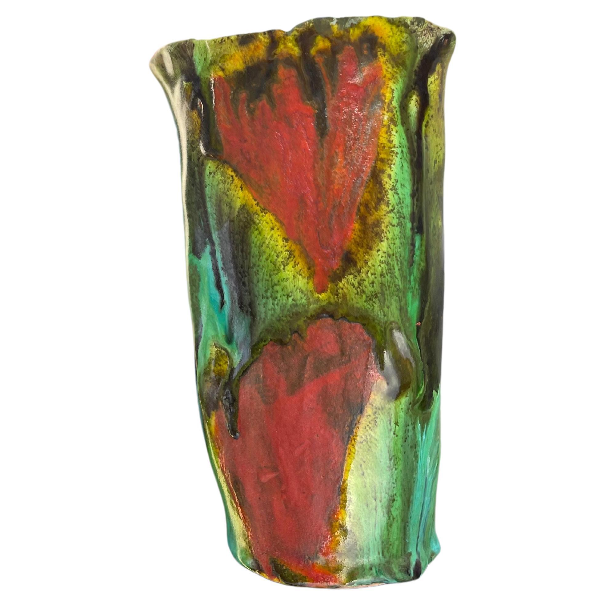 vaso in ceramica vintage con bicchiere - ceramica policroma- isler - vintage  For Sale