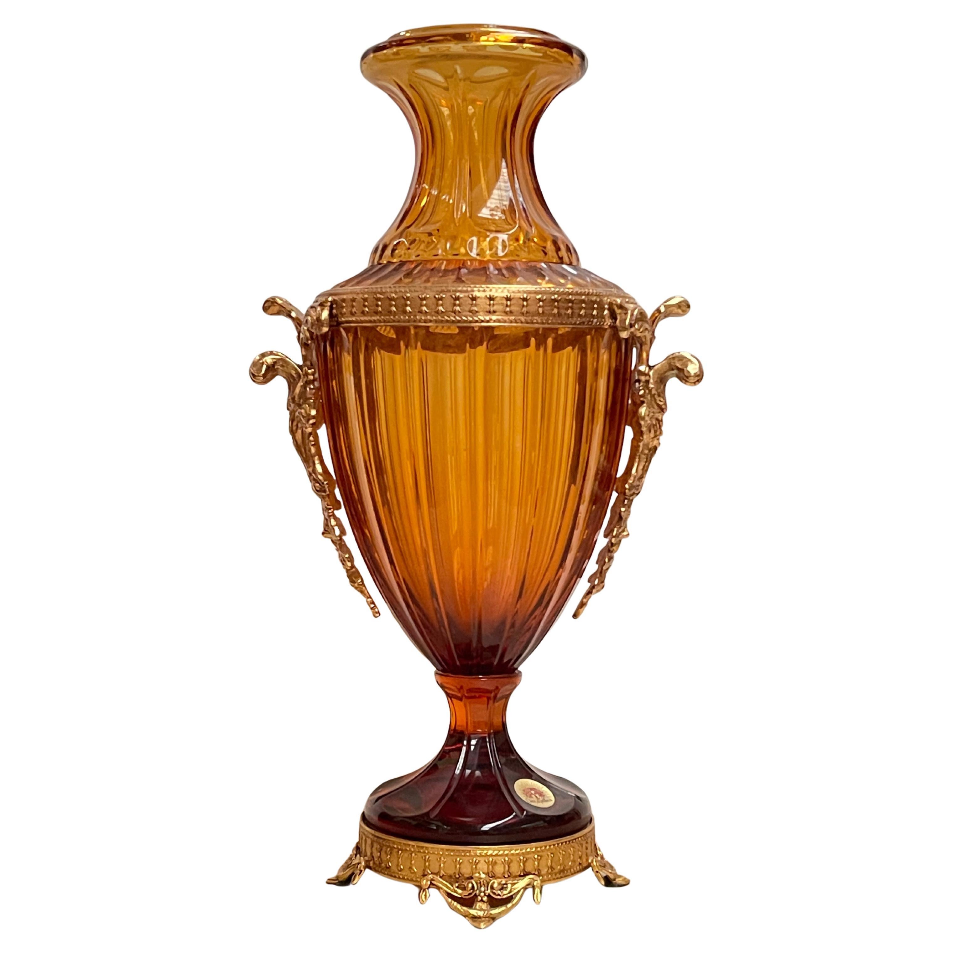 Vaso in Cristallo Soffiato Ambra con Montatura in Bronzo Dorato - Stile Neoclass