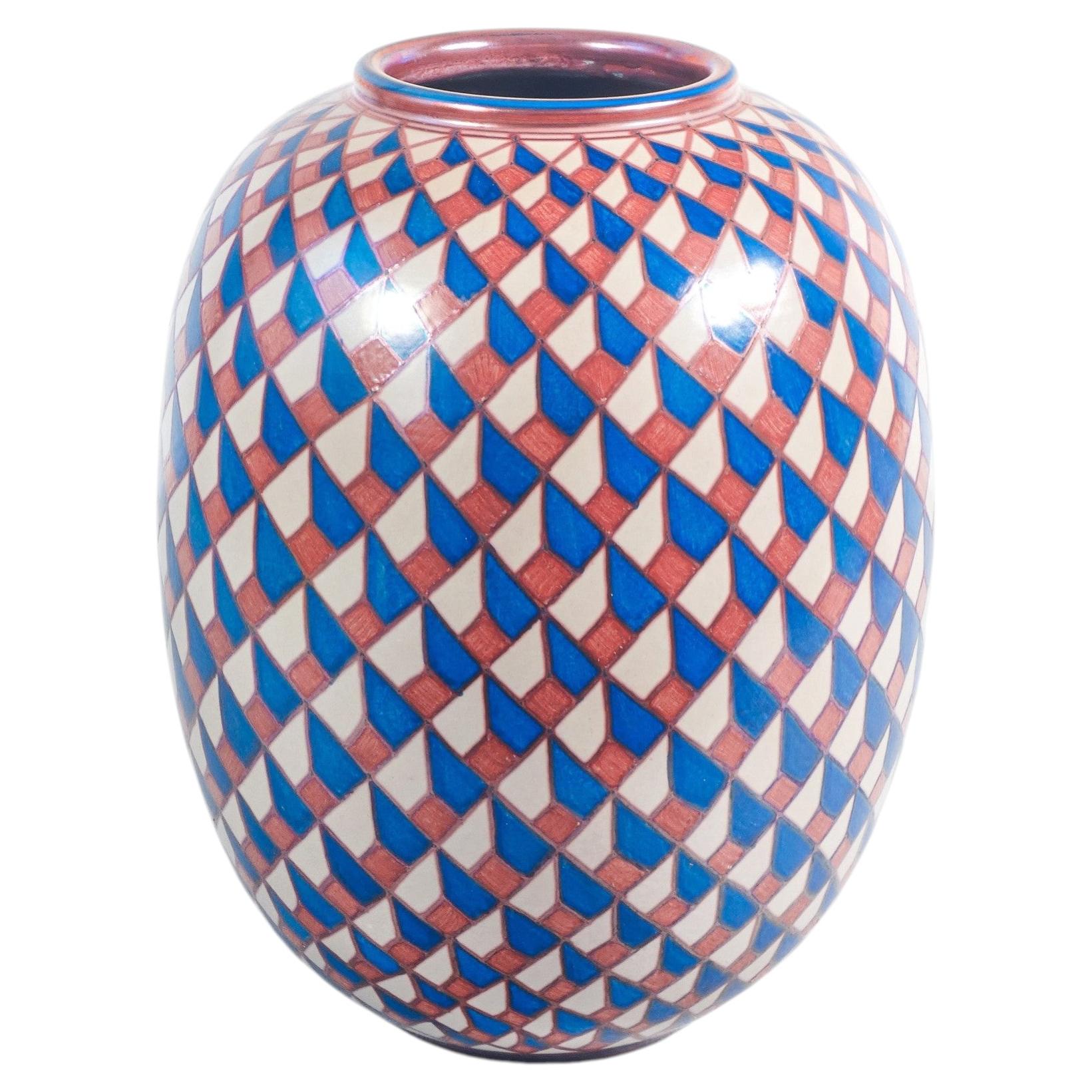 Vaso in maiolica Bottega VIGNOLI, decoro geometrico. Faenza, Anni 70 in vendita
