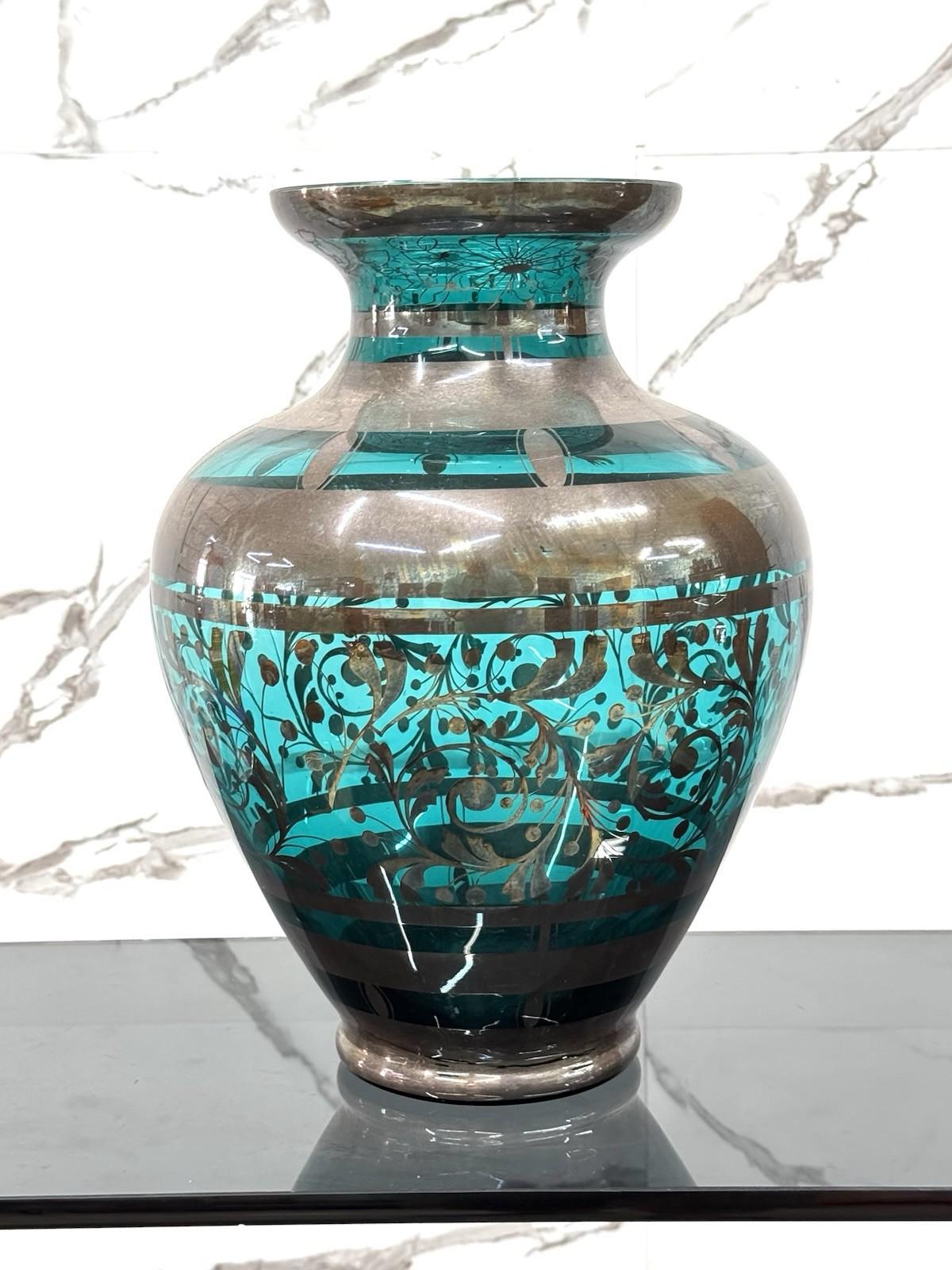 Art déco Vaso In Vetro E Argento Overlay American Art Decó 1930’s Design en vente