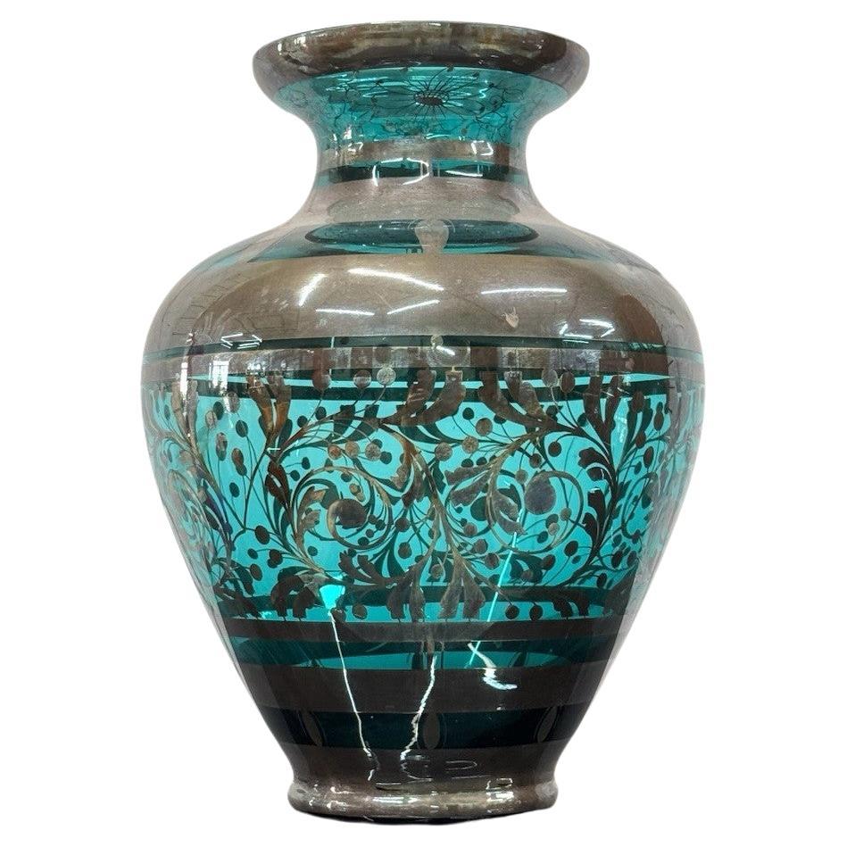 Vaso In Vetro E Argento Overlay American Art Decó 1930’s Design en vente