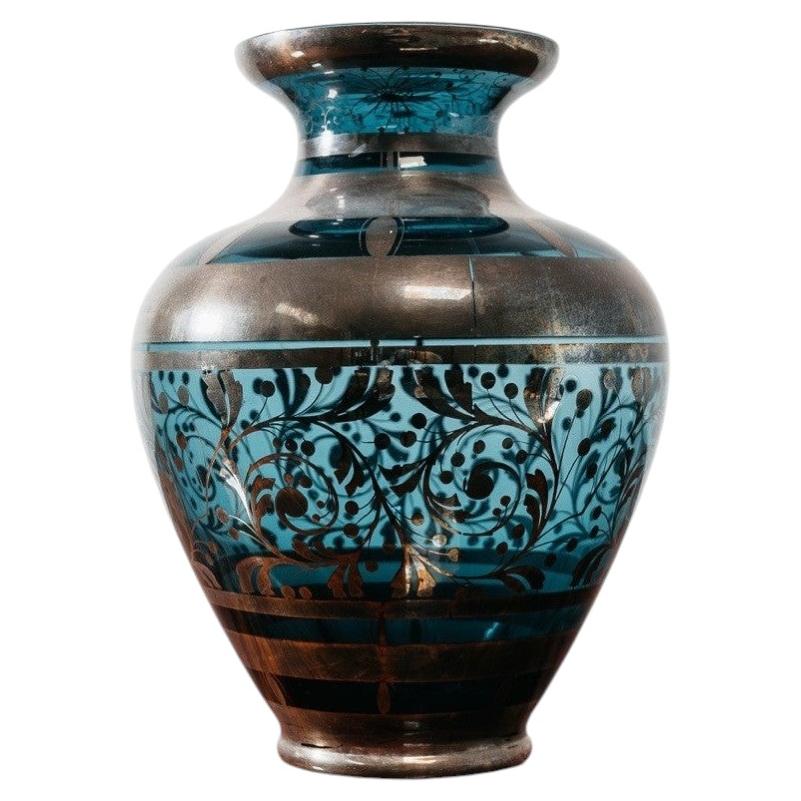 1940 American Art Deco Vase, Handcrafted Glass with Silver Overlay