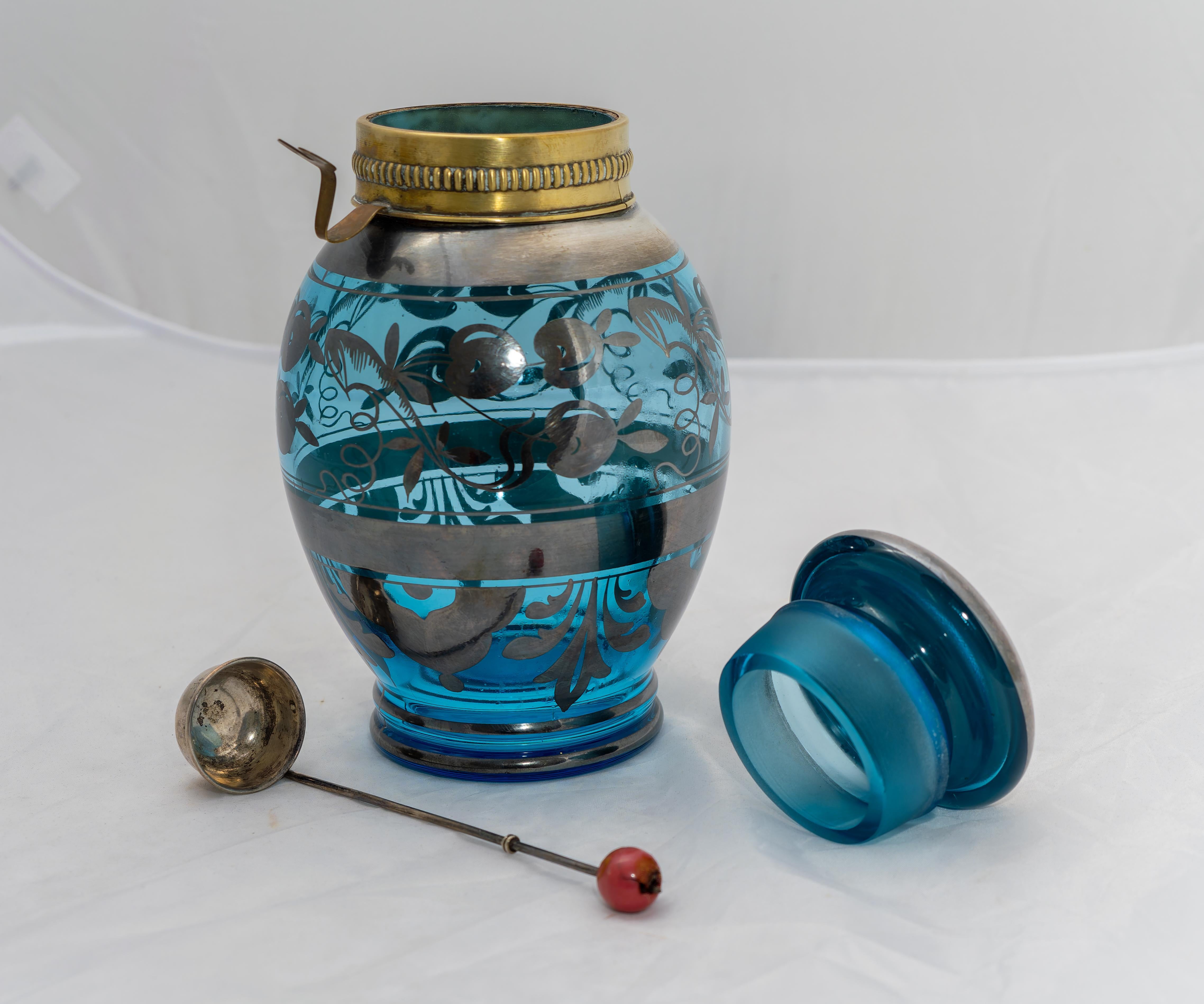 Ottone Vaso in vetro rilegato argento per ciliegie / sciroppate, Anni '20 in vendita