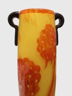 Vase « Le Verre Français » Charder, Art déco, avec fleurs orange, France, décor pivoine