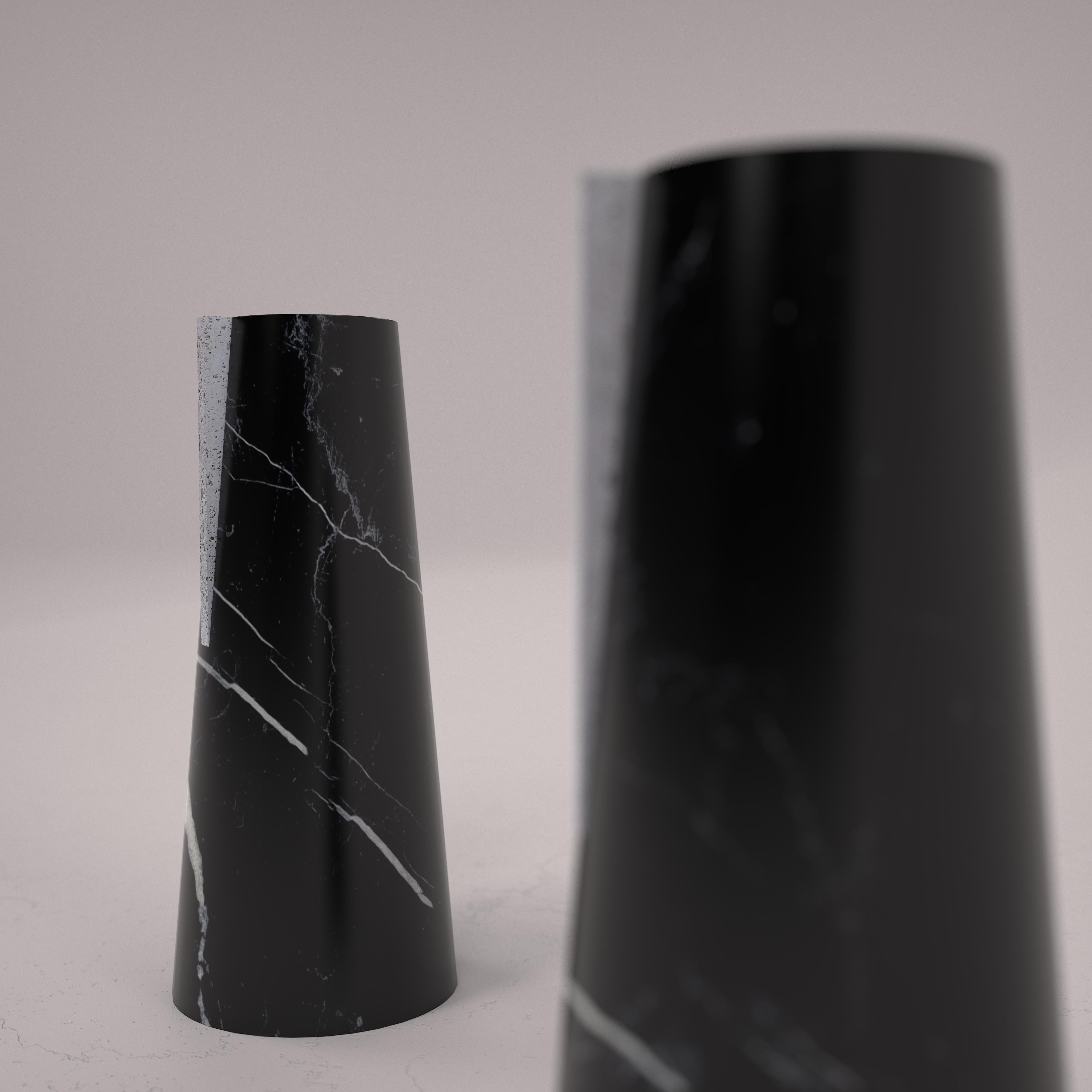 Sandblasted Flower Vase in Black Marquina Marble and Travertine by Carcino Design For Sale