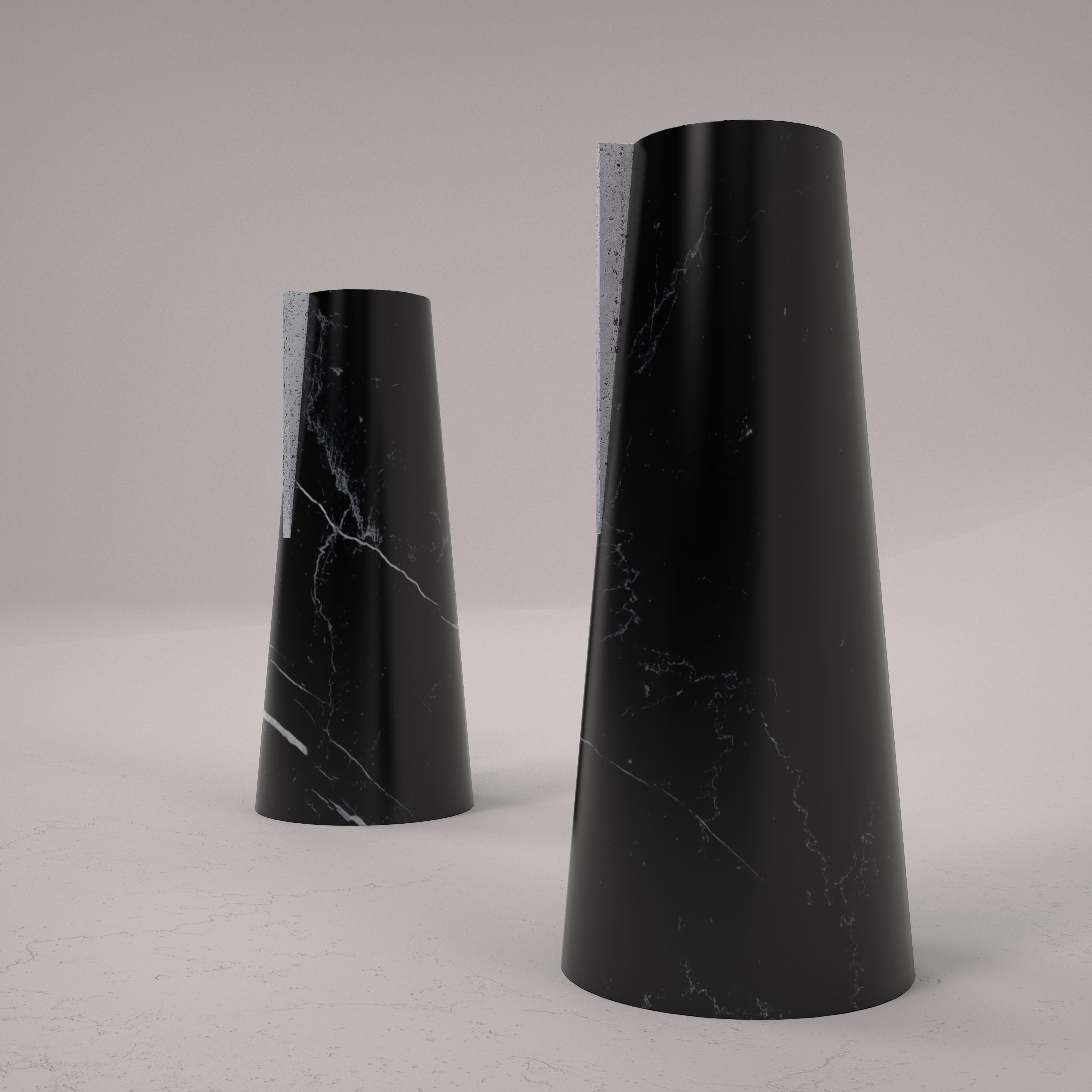 Contemporary Flower Vase in Black Marquina Marble and Travertine by Carcino Design For Sale