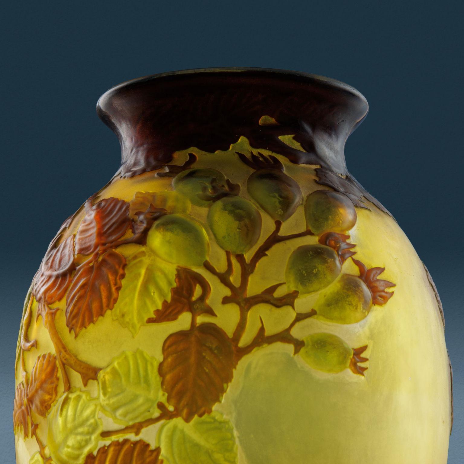 Mid-Century Modern Vaso “Soufflé” con Rosa Canina Émile Gallé. Nancy, 1925 ca. For Sale