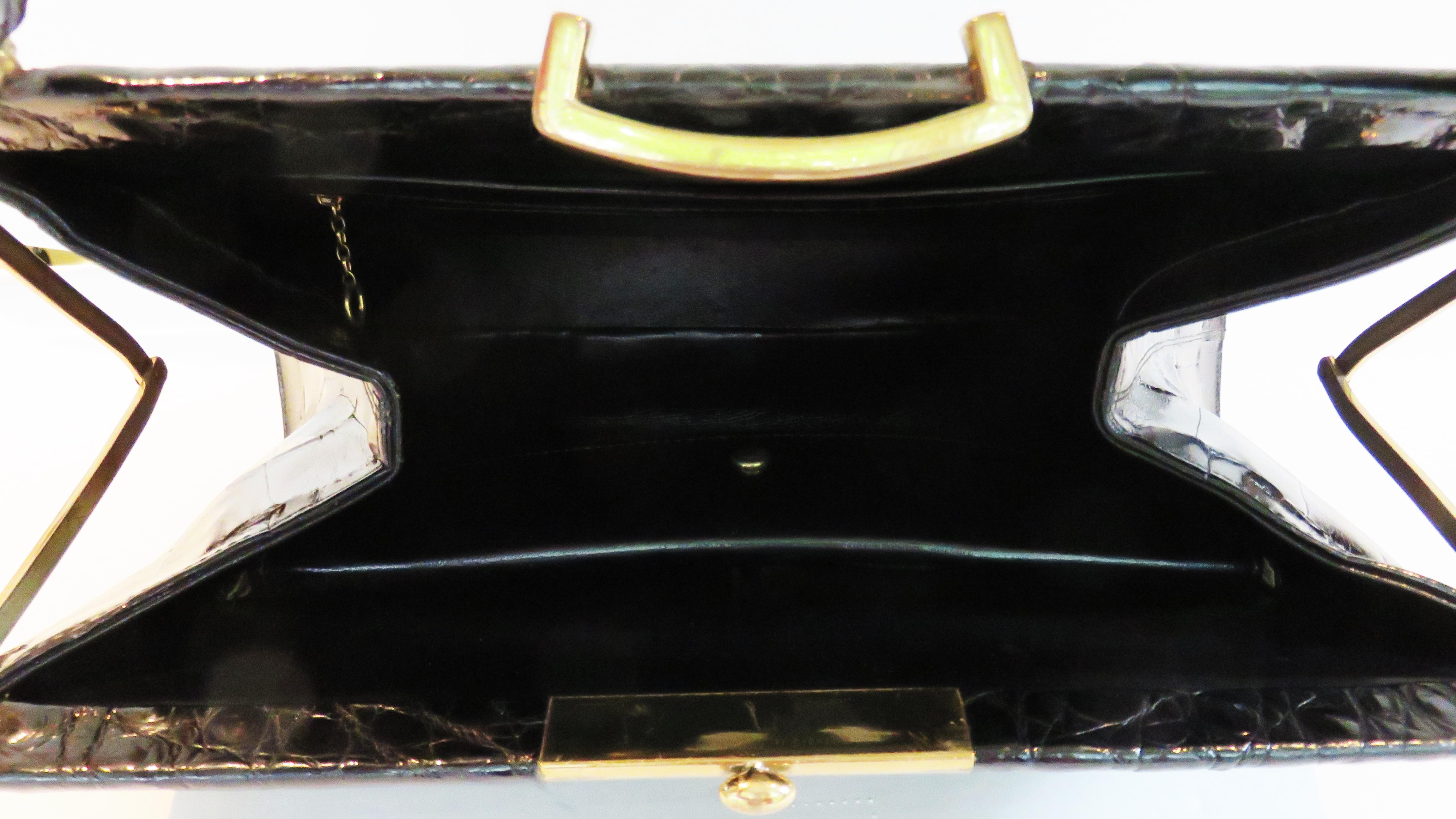  Vassar Jackie O Black Alligator Handbag 1950s 6