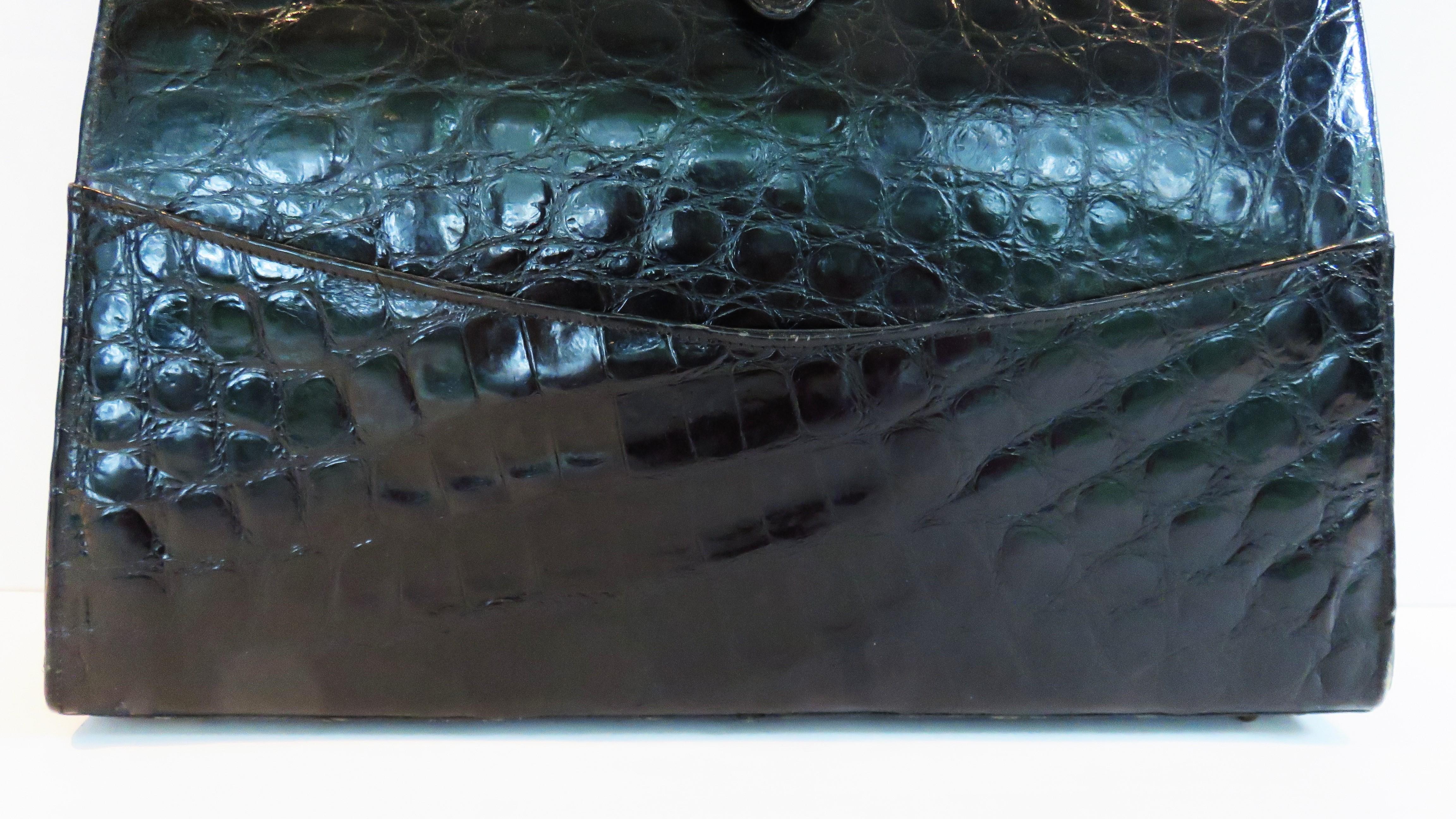  Vassar Jackie O Black Alligator Handbag 1950s 1