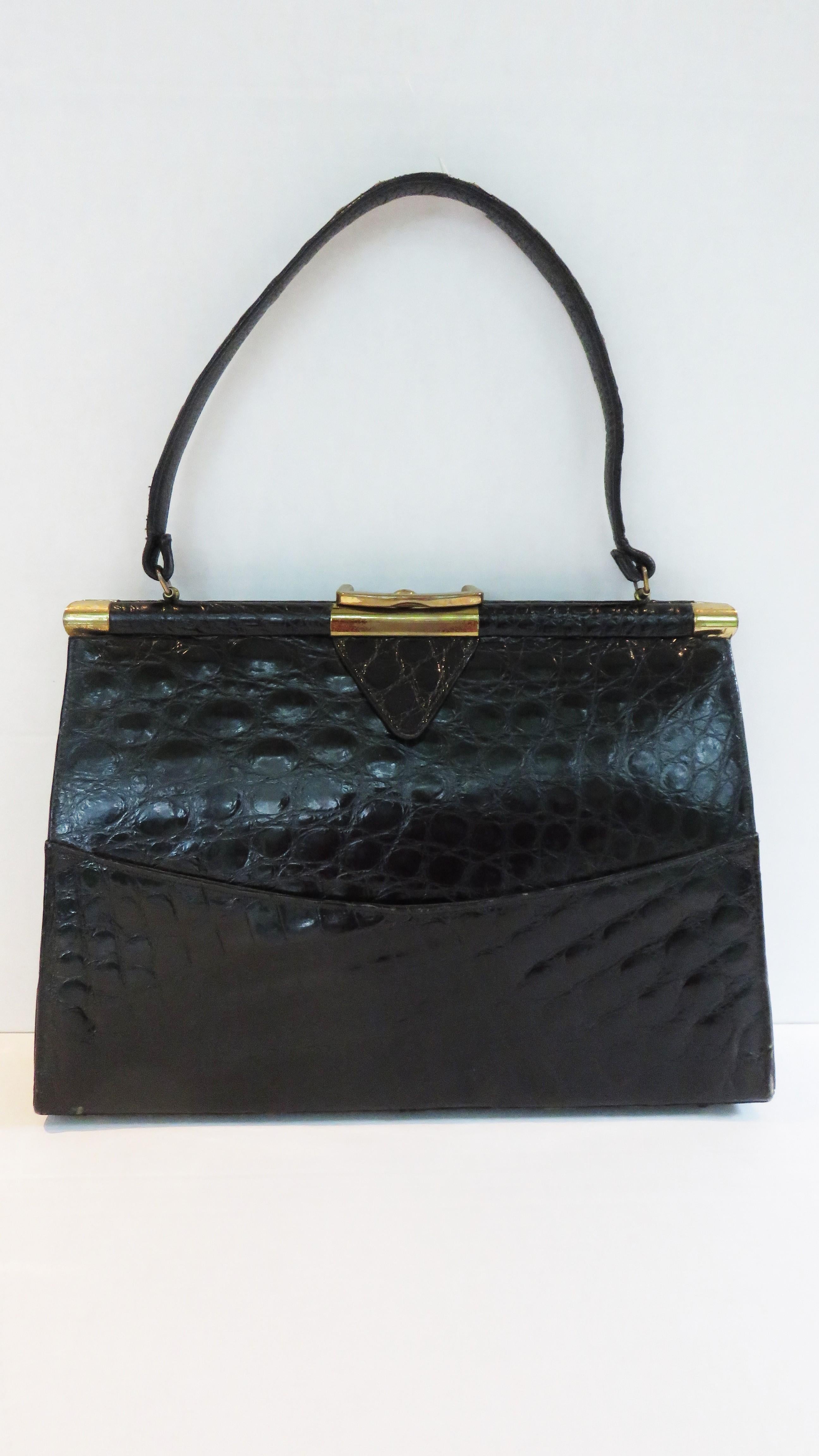  Vassar Jackie O Black Alligator Handbag 1950s 2