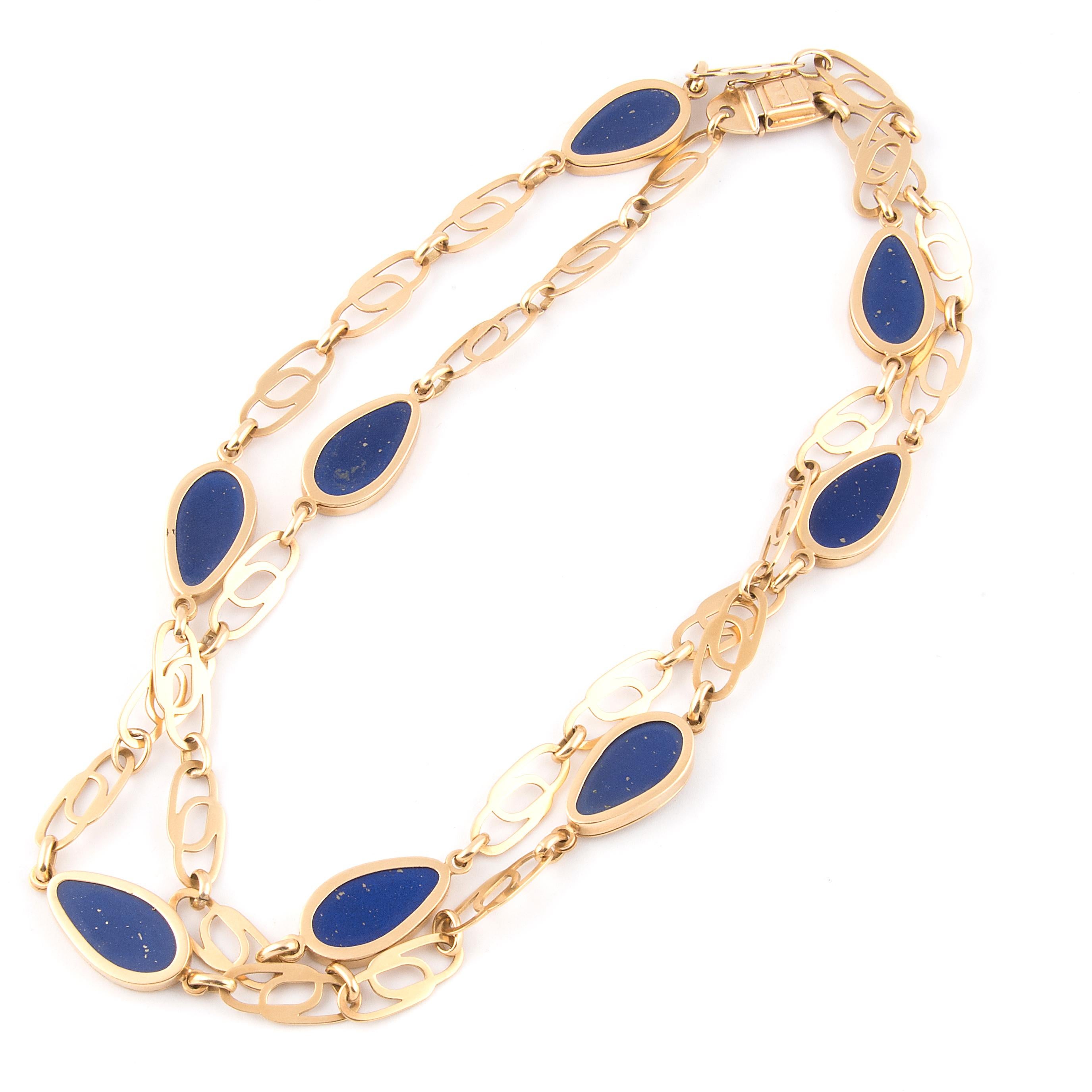 Vassellari 18k Yellow Gold and Lapis Lazuli Long Chain Necklace In Good Condition For Sale In London, GB