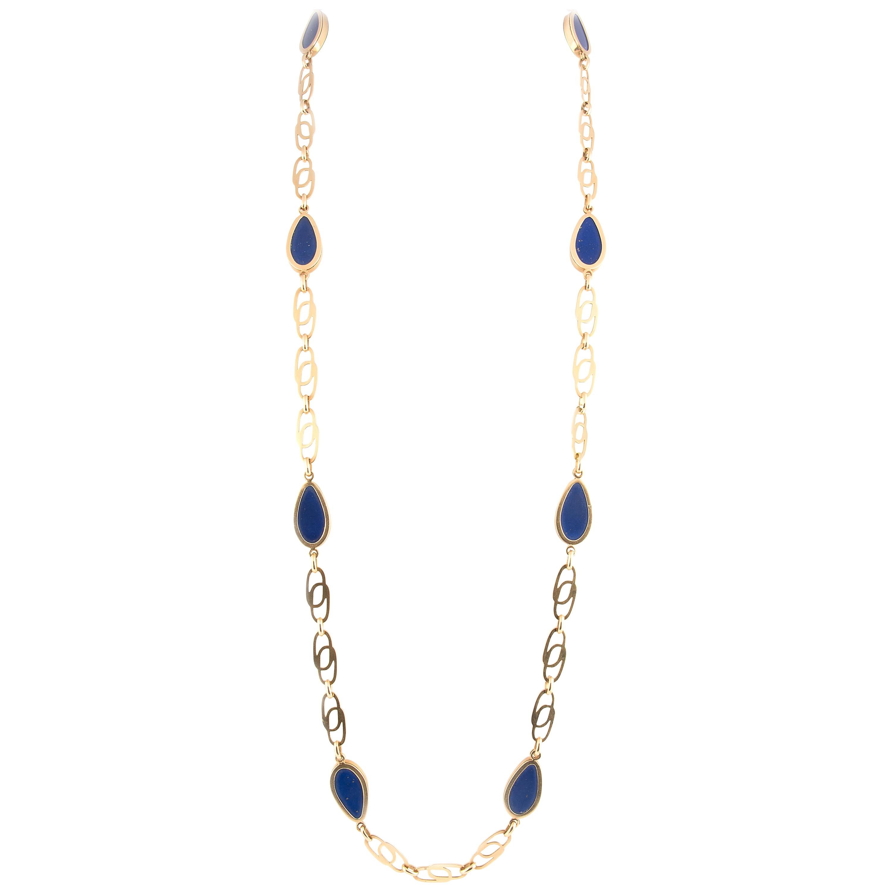 Vassellari 18k Yellow Gold and Lapis Lazuli Long Chain Necklace For Sale