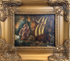 Italian Vintage Maritime Ship Oil Painting Signed Vasselli Nautical Seascape