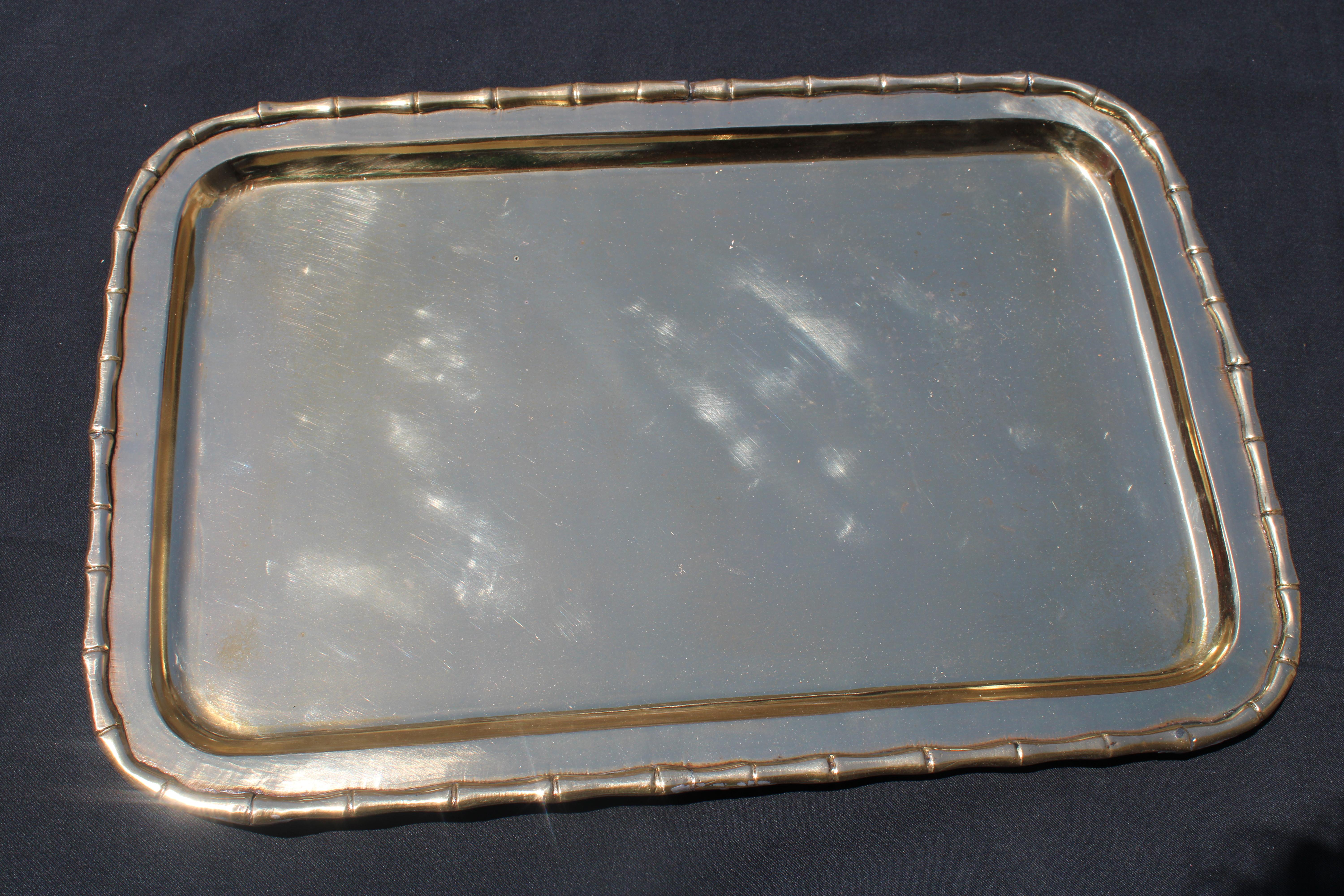 Laiton Vassoio in Solido Ottone Italiano 1970 Rettangolare con cornice in Bambù en vente