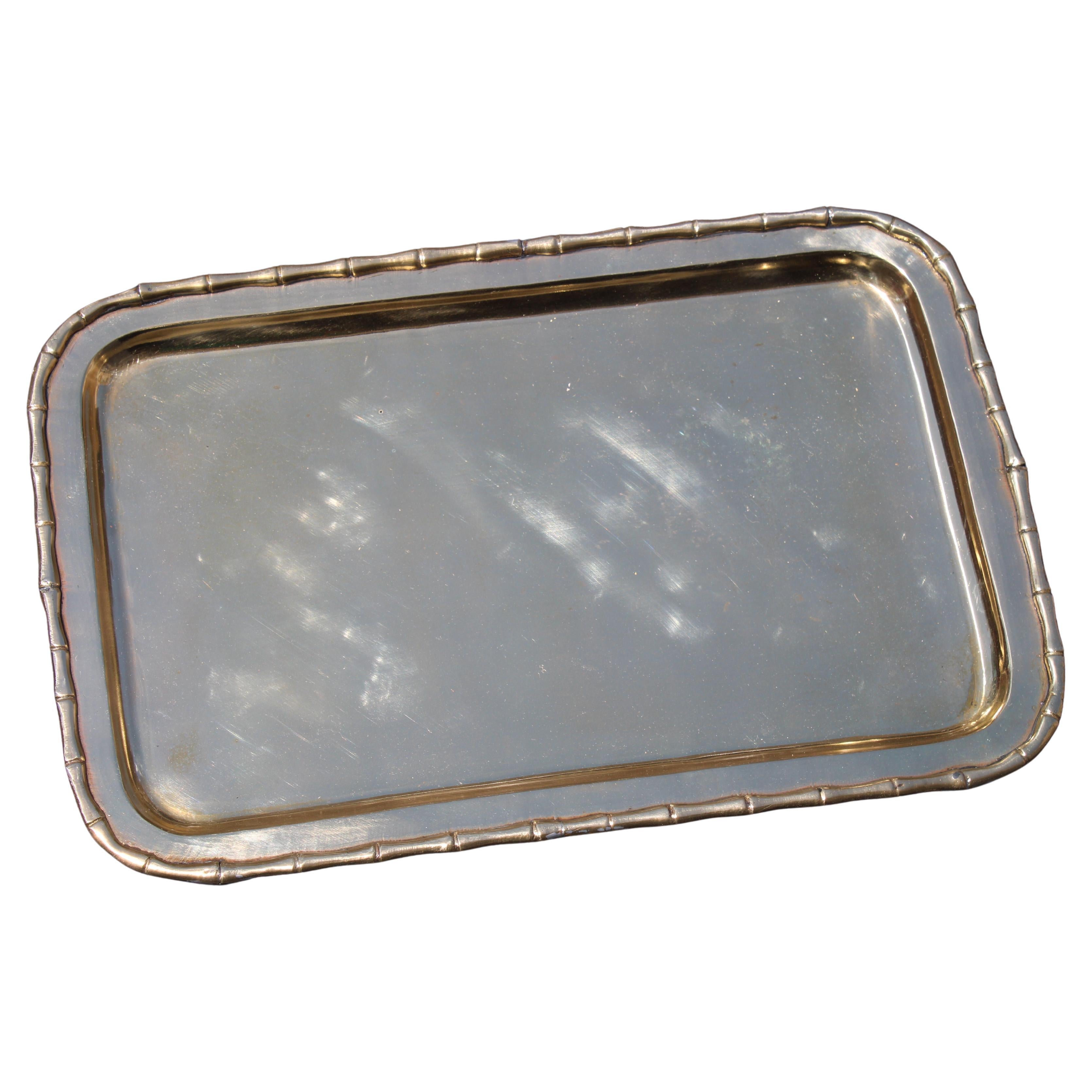 Vassoio in Solido Ottone Italiano 1970 Rettangolare con cornice in Bambù en vente