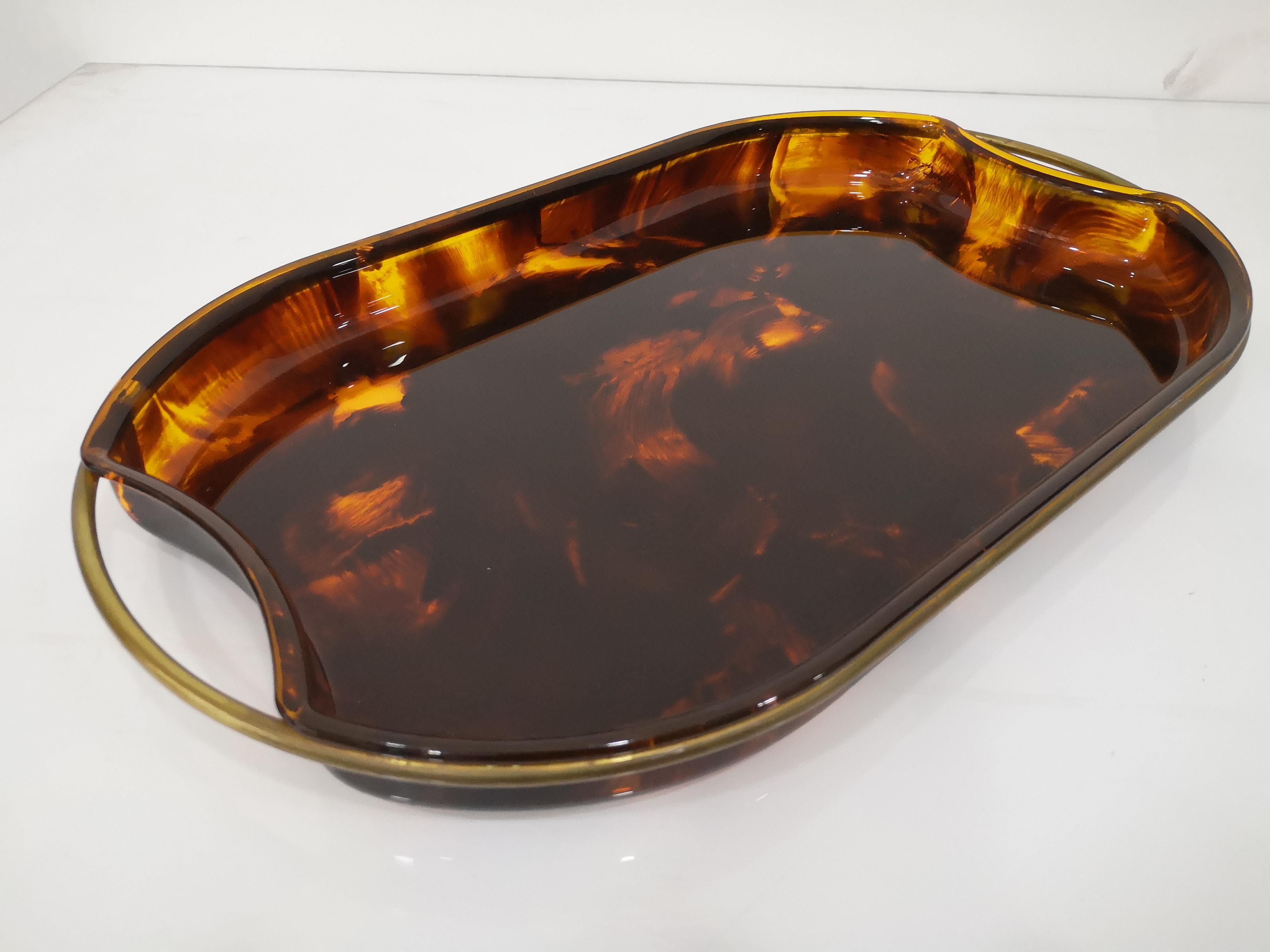 Late 20th Century Italian oval brass and tortoise effect acrylic glass tray 1970s  For Sale