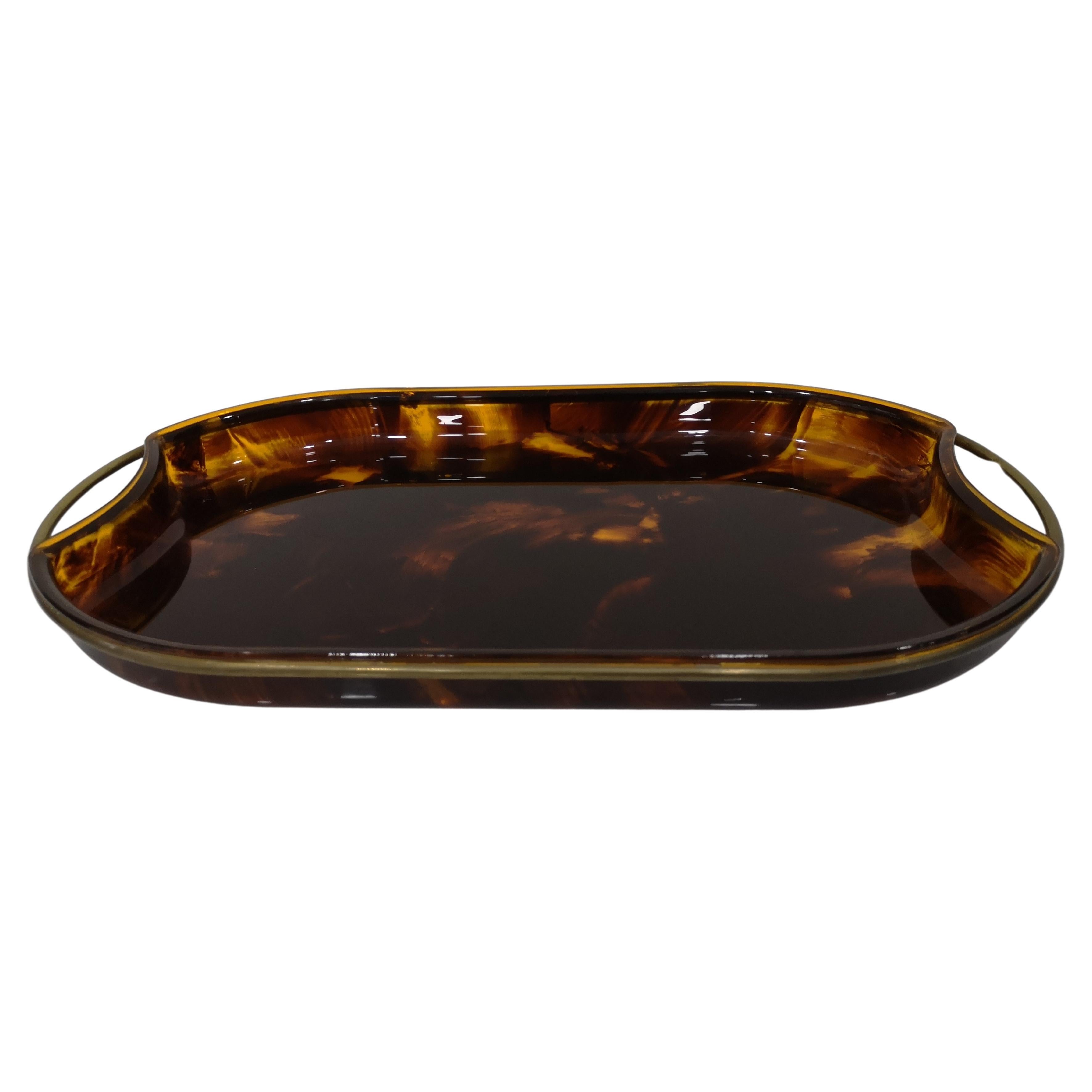 Italian oval brass and tortoise effect acrylic glass tray 1970s  For Sale