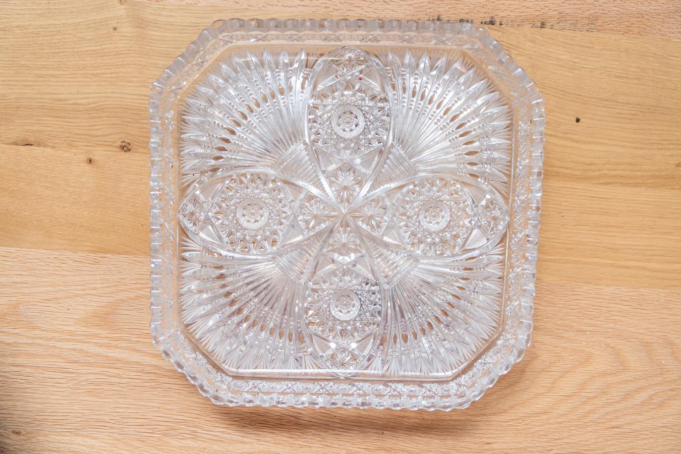 French Square Bohemian crystal tray, hand-carved.      For Sale