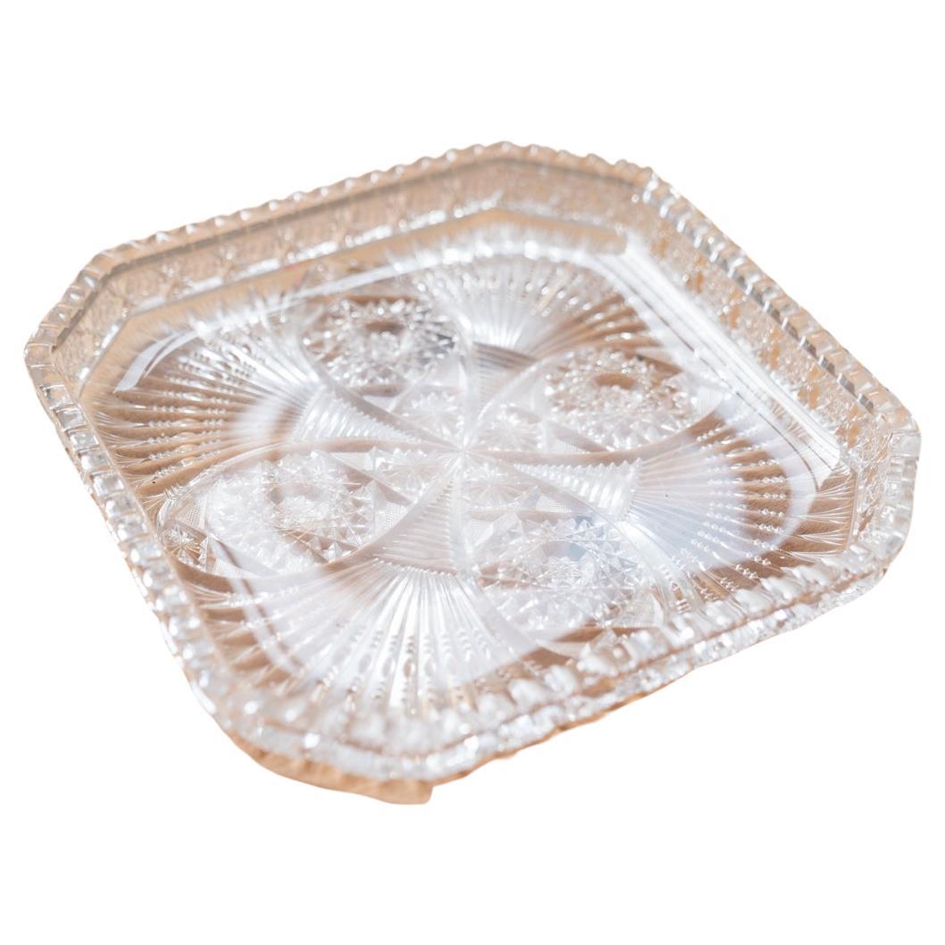 Square Bohemian crystal tray, hand-carved.      For Sale