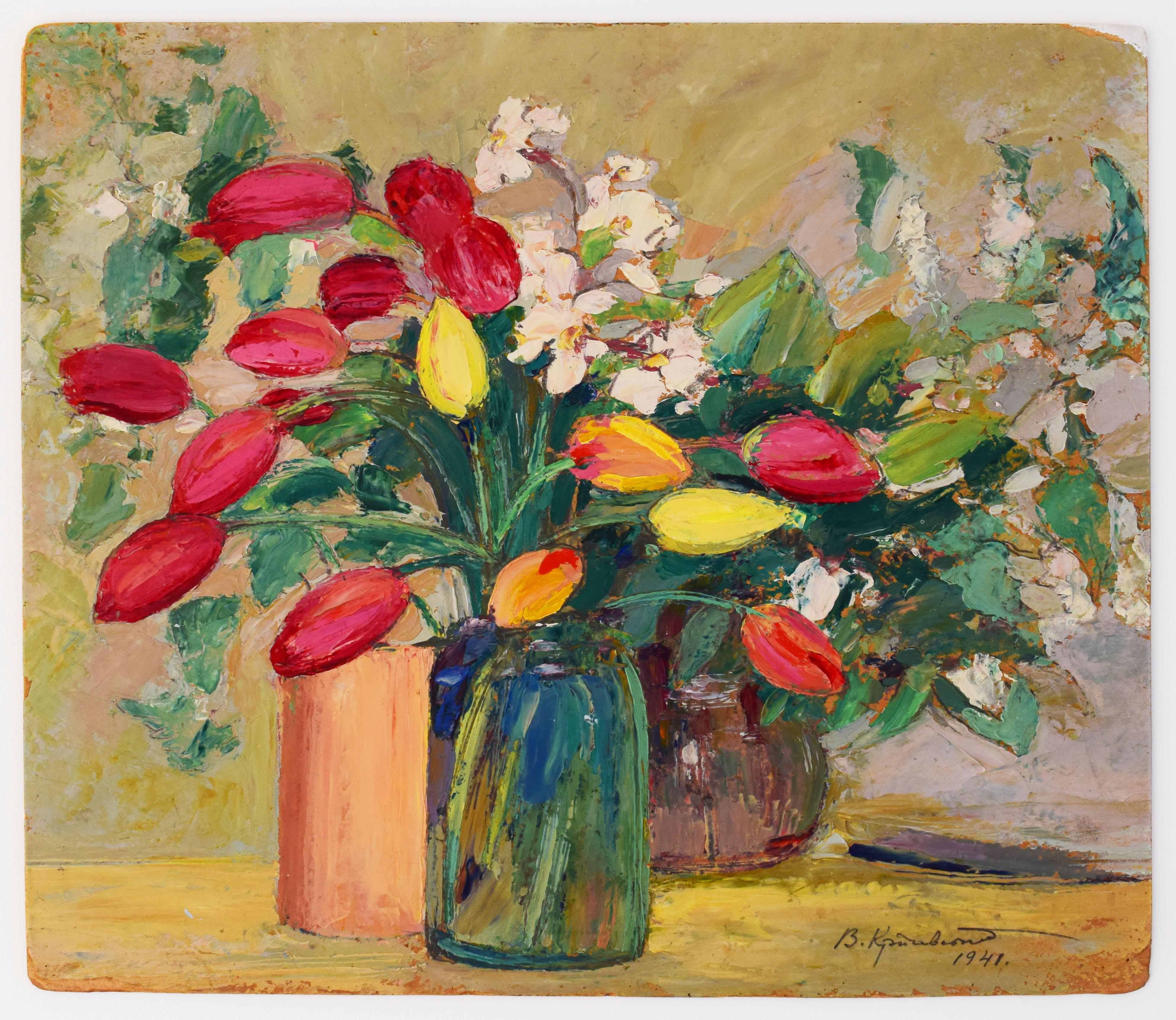Flowers: Tulips and Narcissus - Kiev Still Life Flowers - Painting di Vasyl Krycevsky