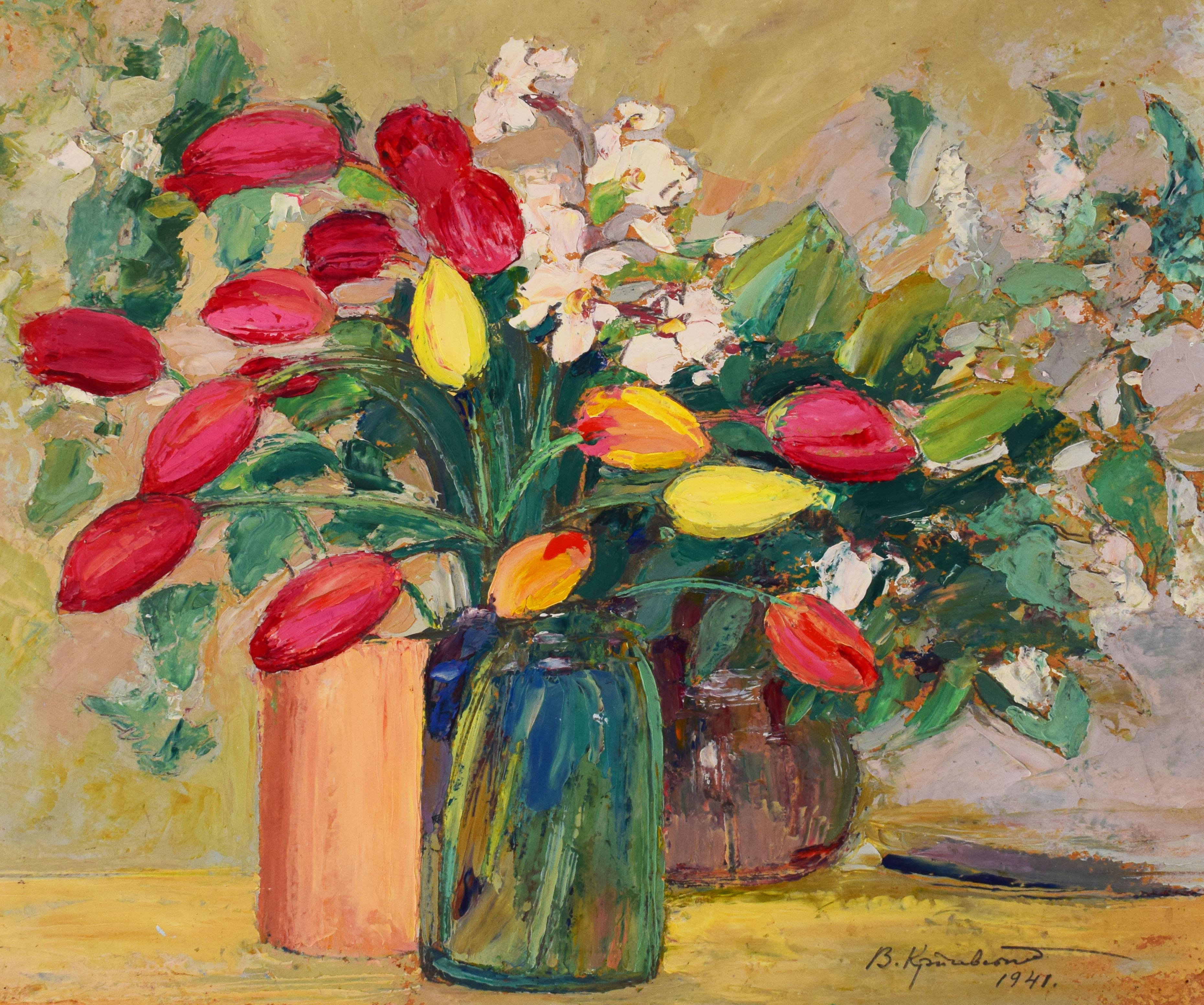 Still-Life Painting di Vasyl Krycevsky - Flowers: Tulips and Narcissus - Kiev Still Life Flowers