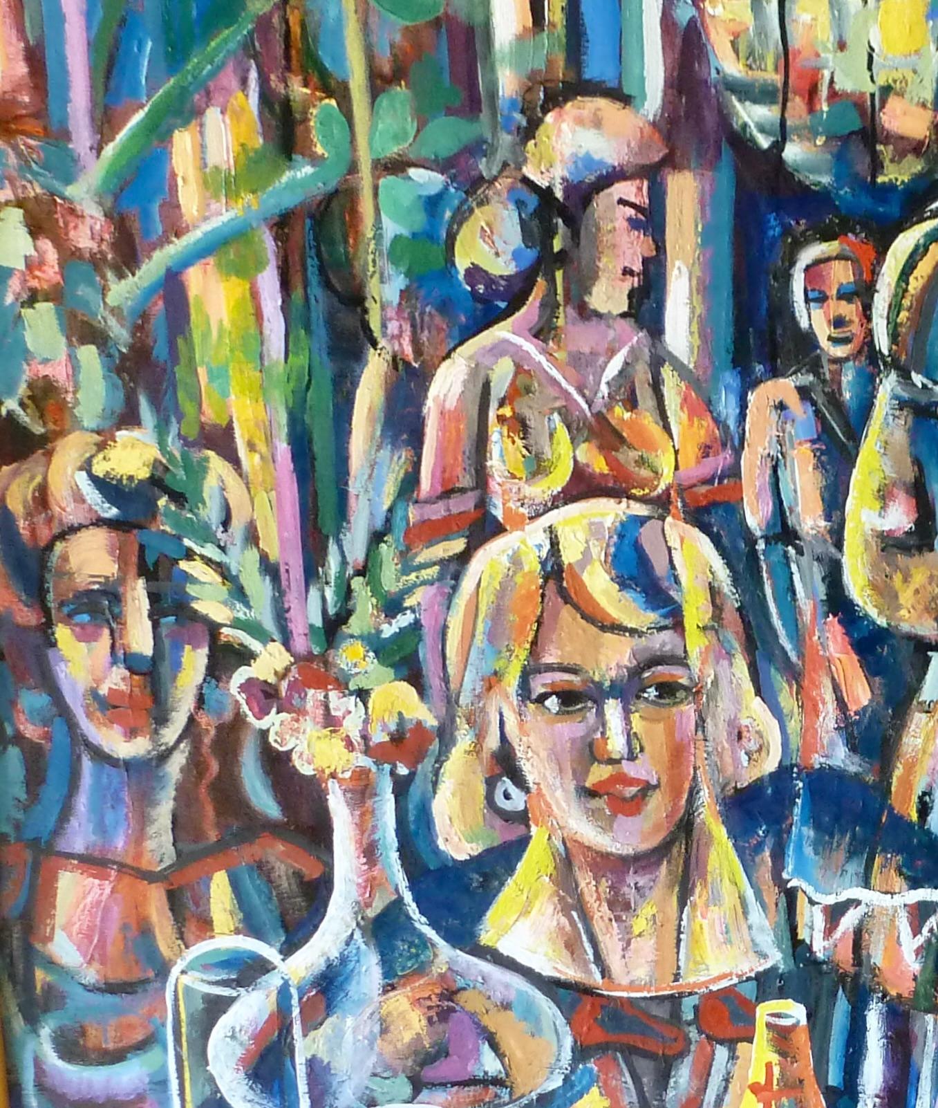 AT THE SANBORN'S CAFE 2021 farbenfrohes Ölgemälde/Leinwand Damen- und Barszene Armenische Künstlerin im Angebot 1