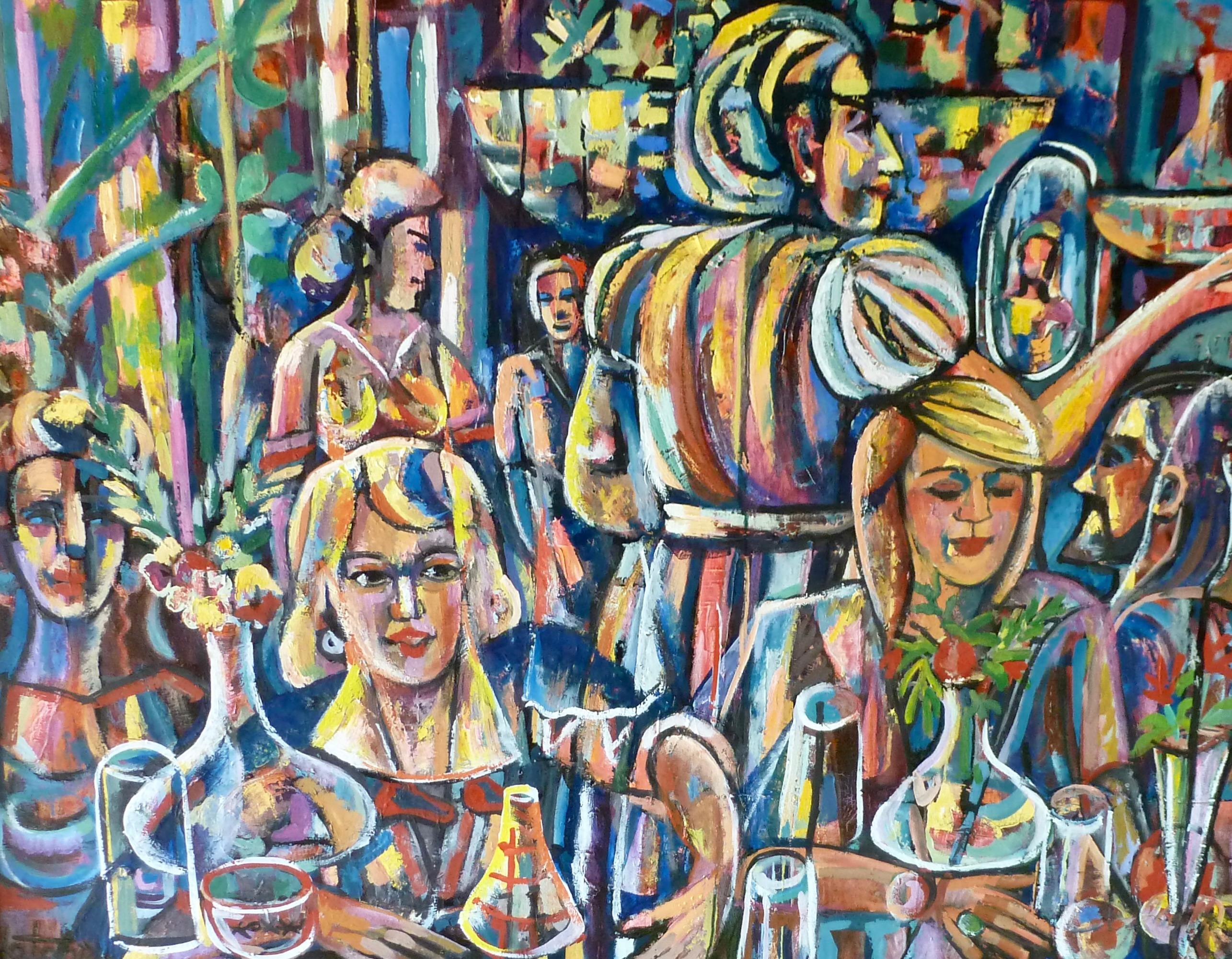 AT THE SANBORN'S CAFE 2021 colorful oil/canvas Women & Bar Scene Armenian Artist For Sale 3