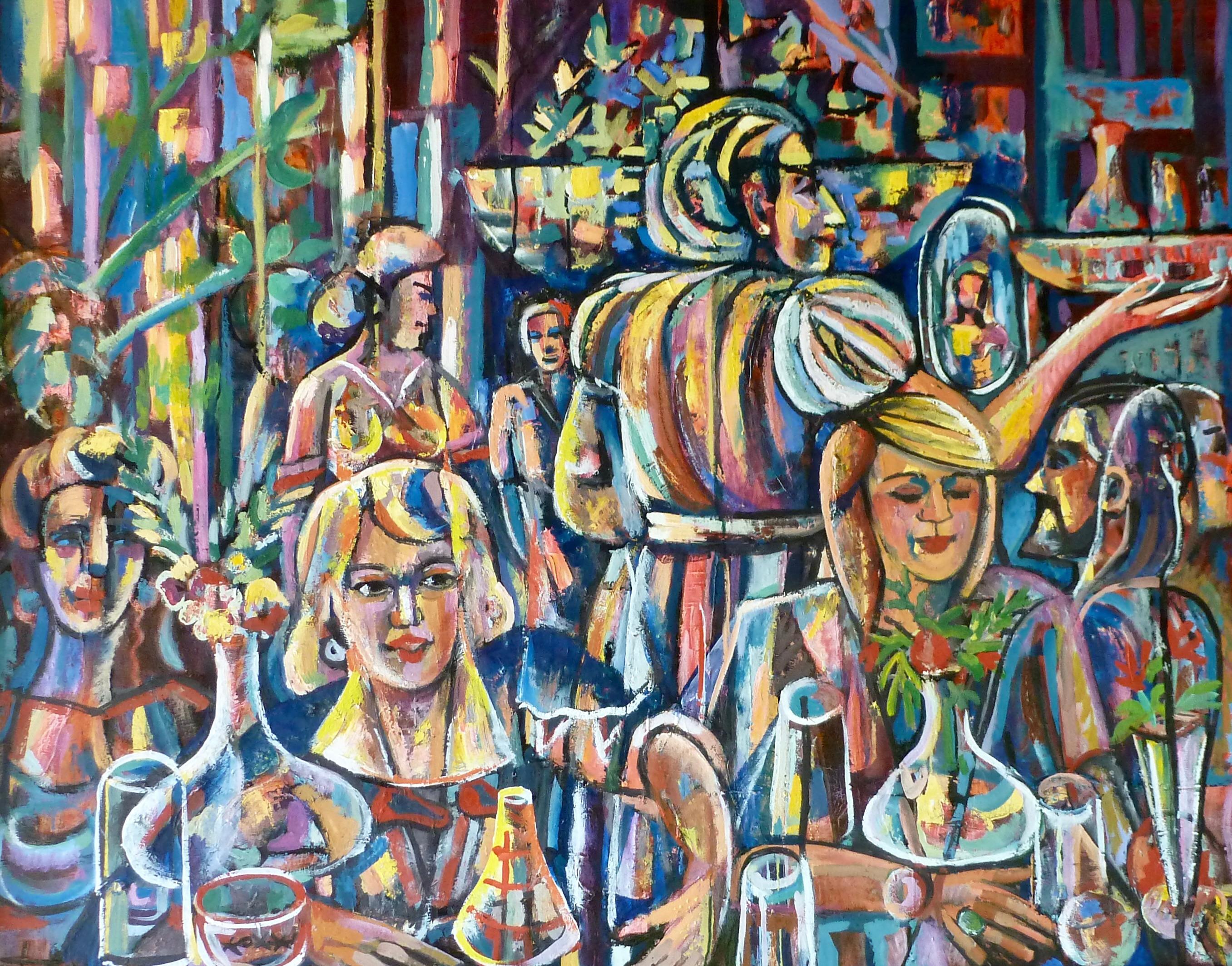 Vatche Geuvdjelian  Figurative Painting - AT THE SANBORN'S CAFE 2021 colorful oil/canvas Women & Bar Scene Armenian Artist