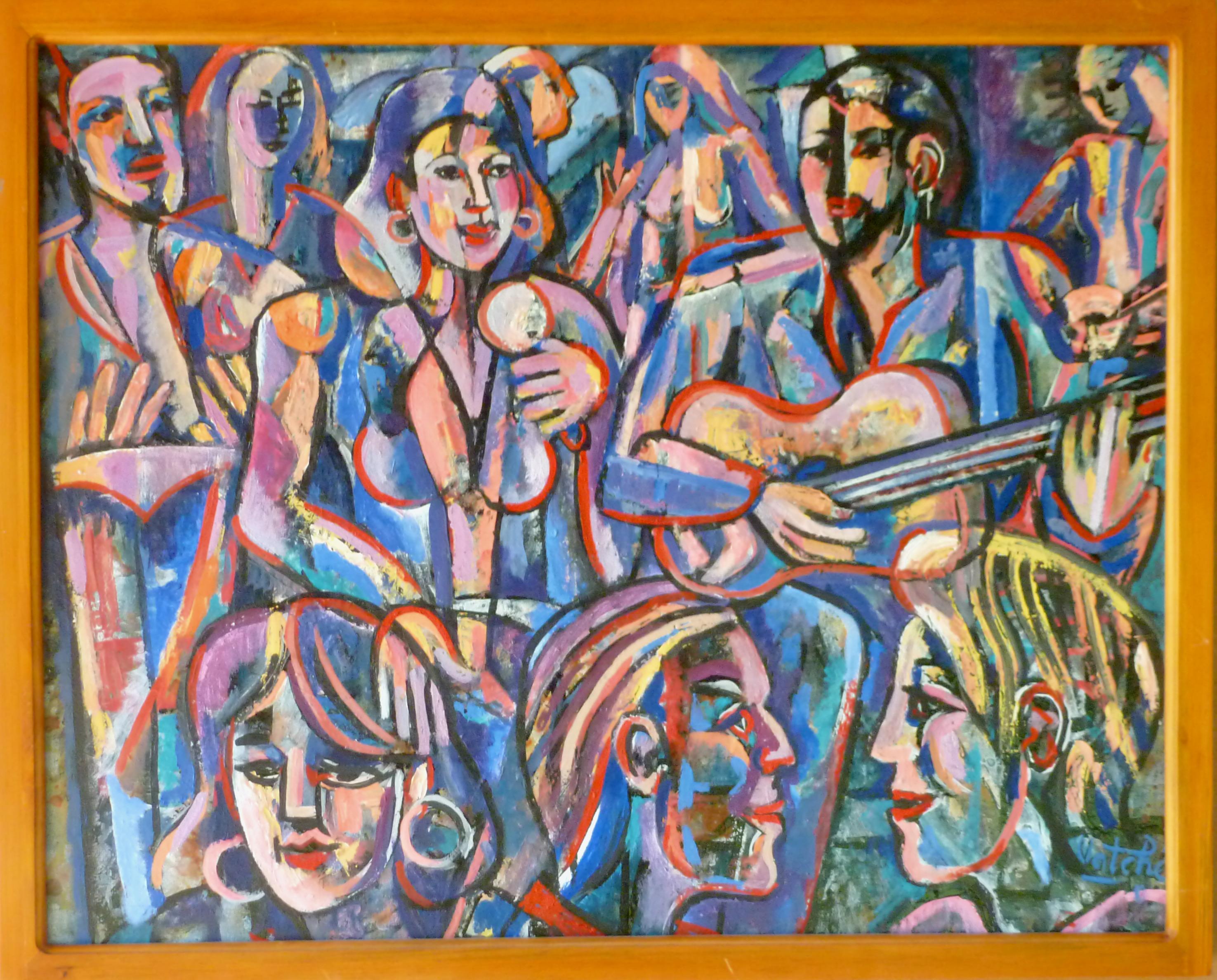 Musiker bei einer Party 2022 farbenfrohe Öl/Leinwand abstrakte surreale armenische Künstlerin – Painting von Vatche Geuvdjelian 