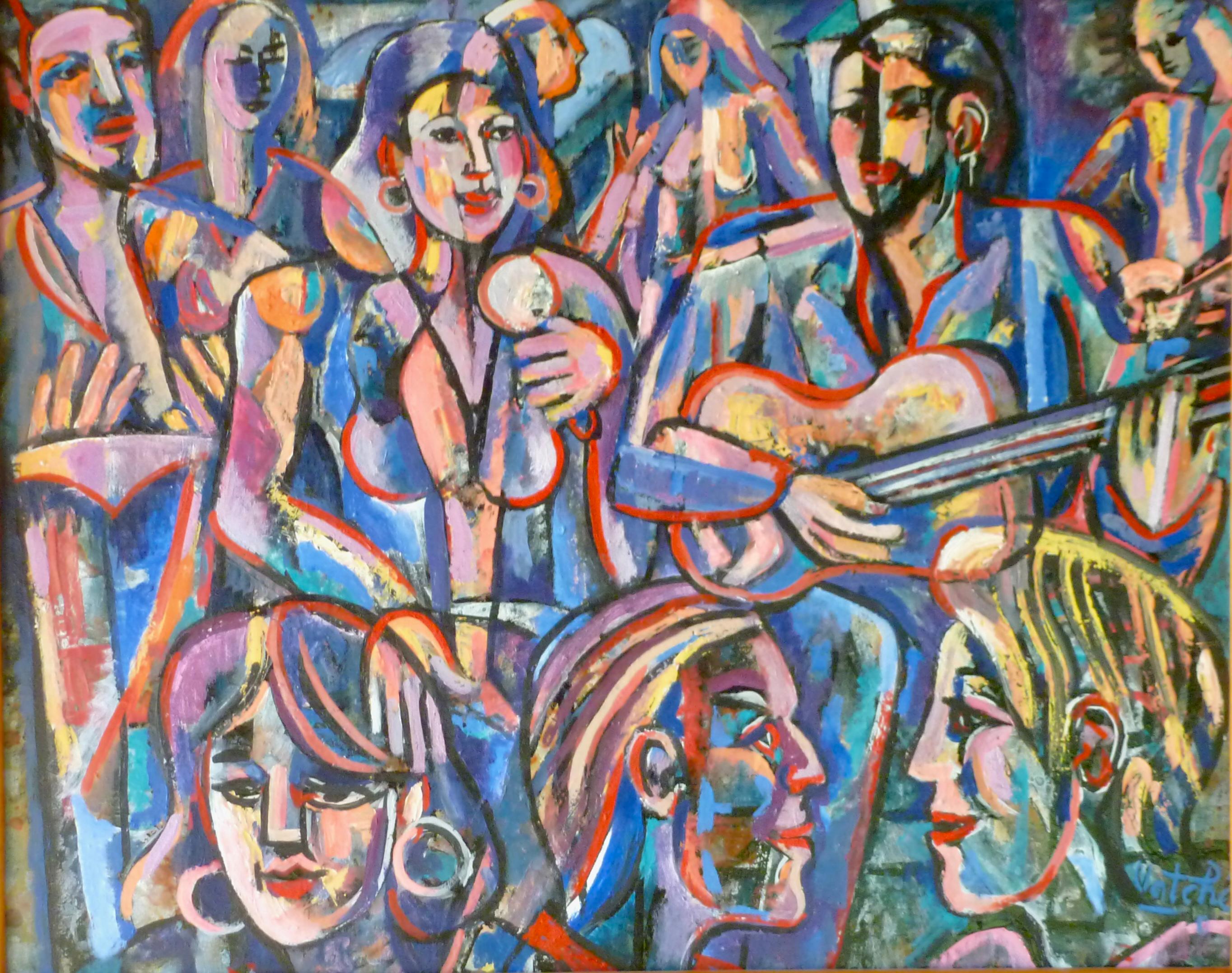 Musiker bei einer Party 2022 farbenfrohe Öl/Leinwand abstrakte surreale armenische Künstlerin