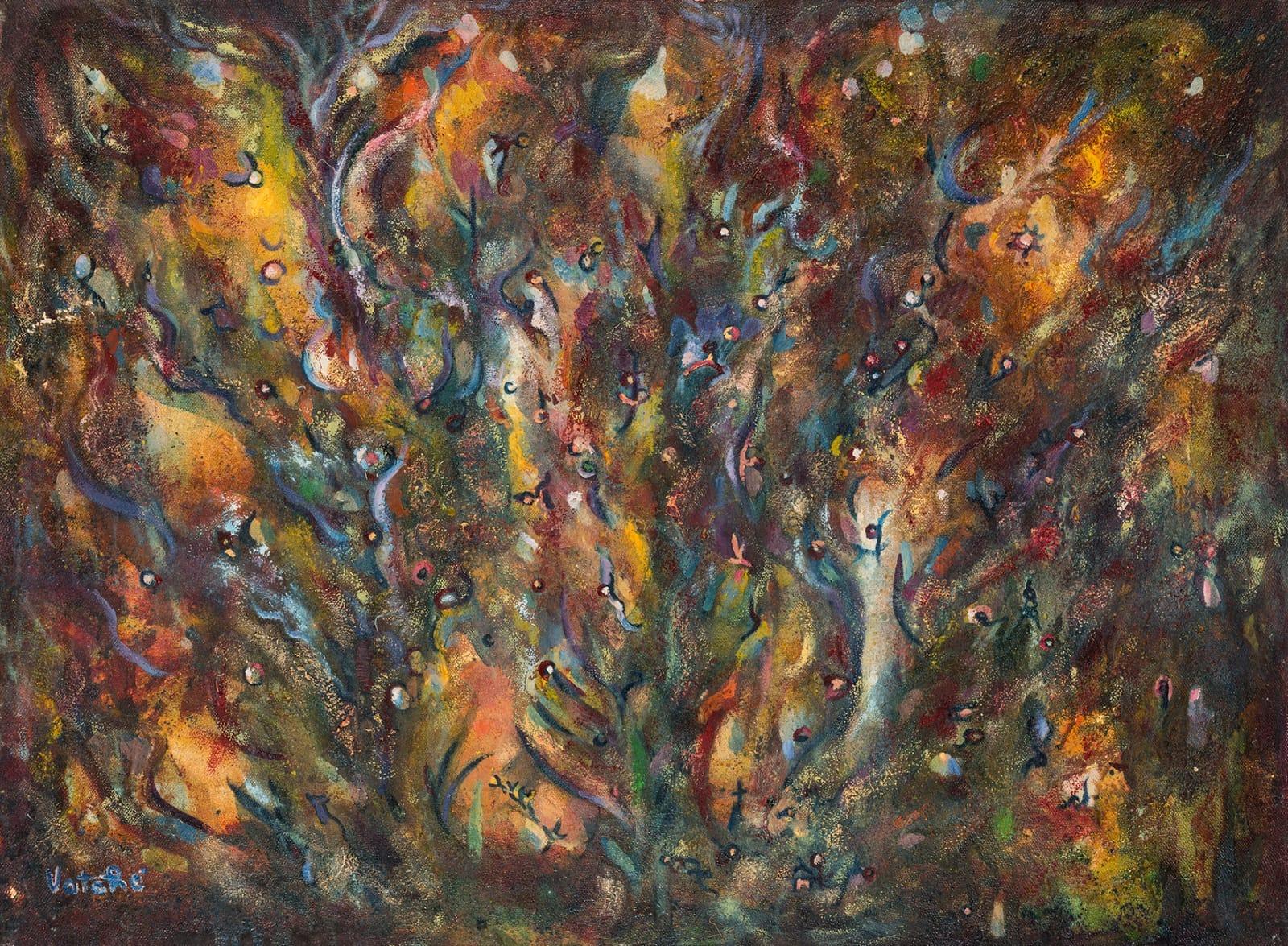 Tesori tra le fiamme (dipinto astratto surrealista colorato)  Artista armeno