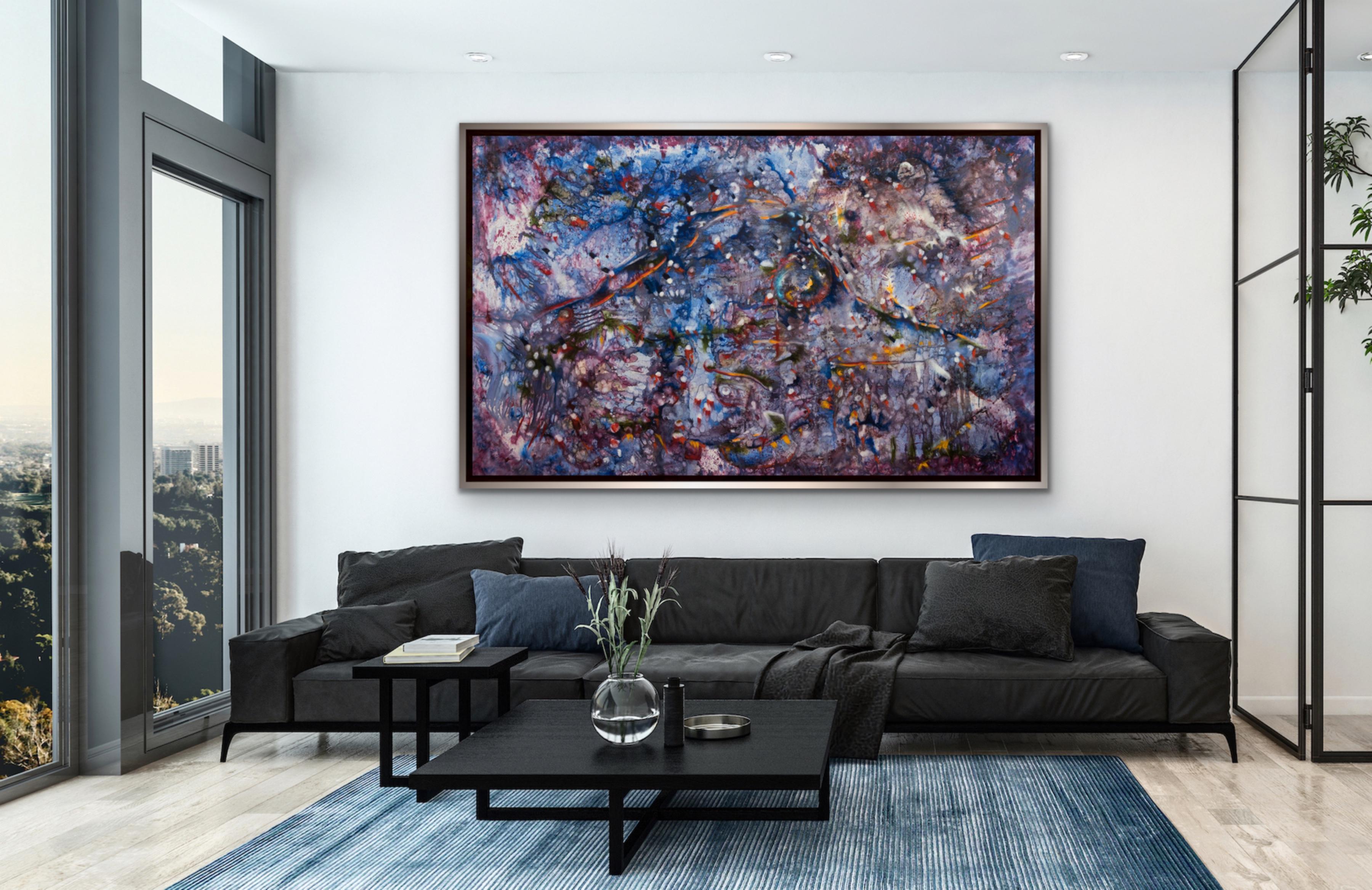 MARINE COSMOS Large Blue Violet Red colorful abstract surrealist Armenian Artist - Painting by Vatche Geuvdjelian 
