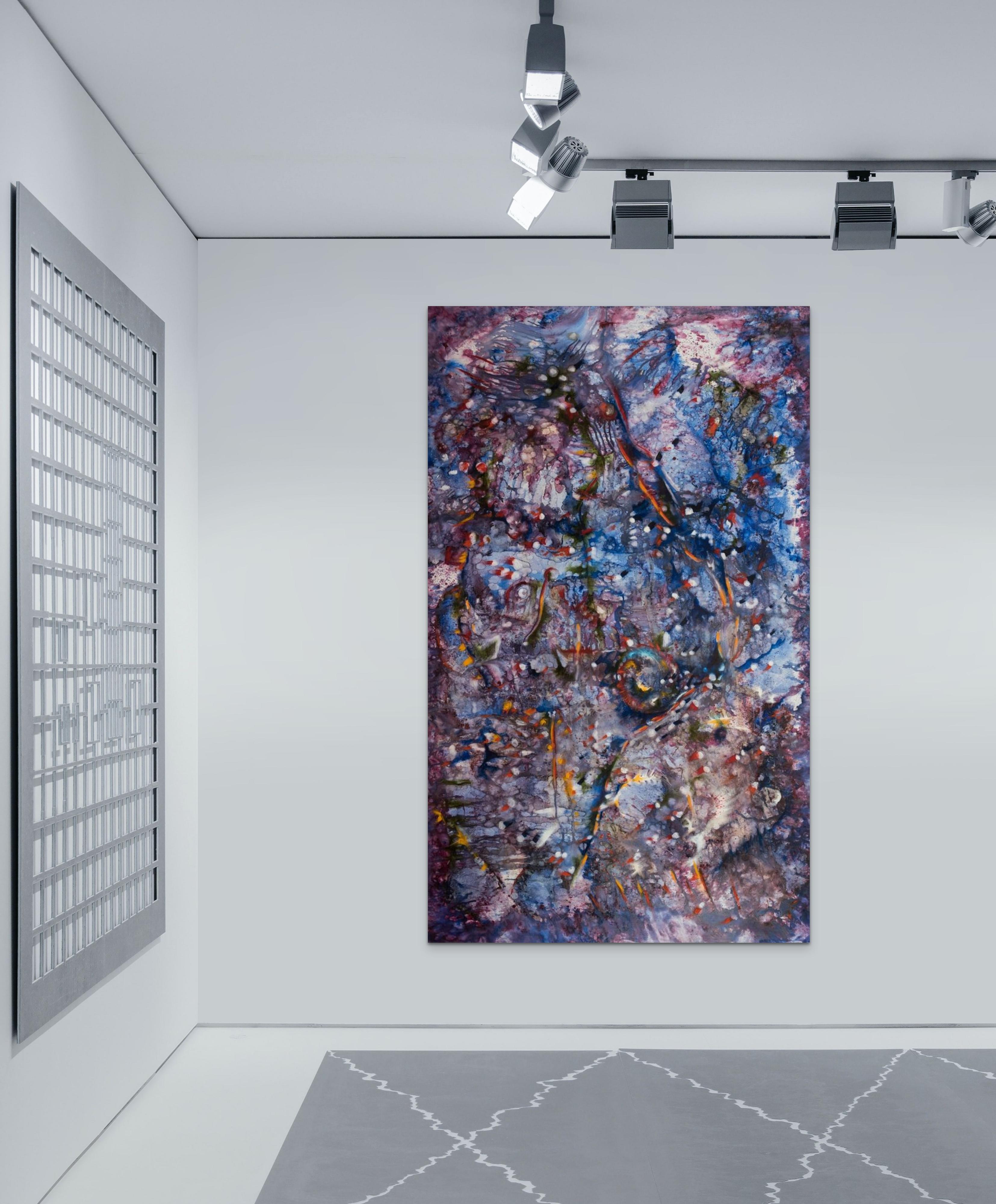 Marin COSMOS Grande Blu Viola Rosso tela astratta ad olio Artista armeno VATCHE - Abstract Painting Grigio di Vatche Geuvdjelian 