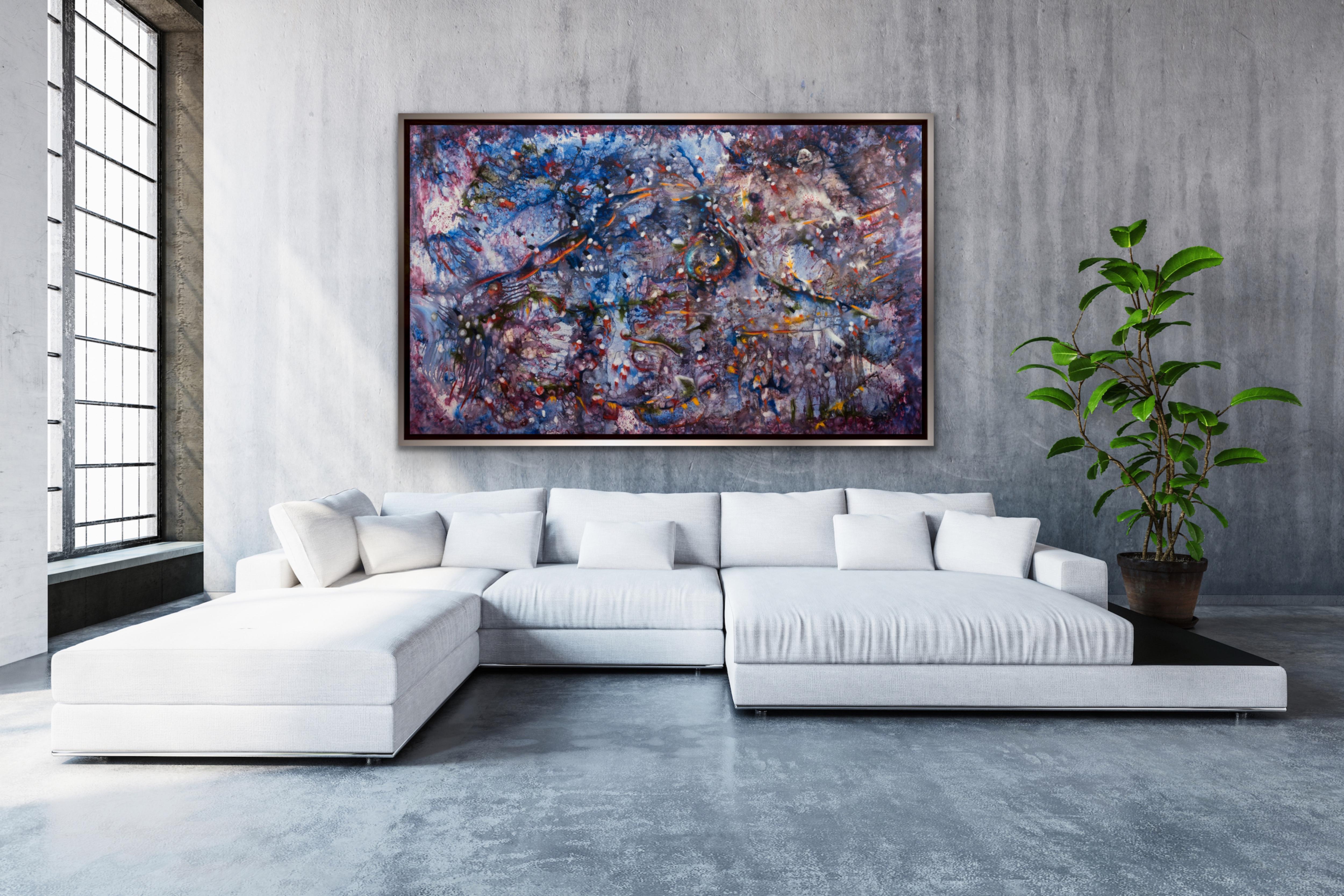 MARINE COSMOS Large Blue Violet Red colorful abstract surrealist Armenian Artist For Sale 1
